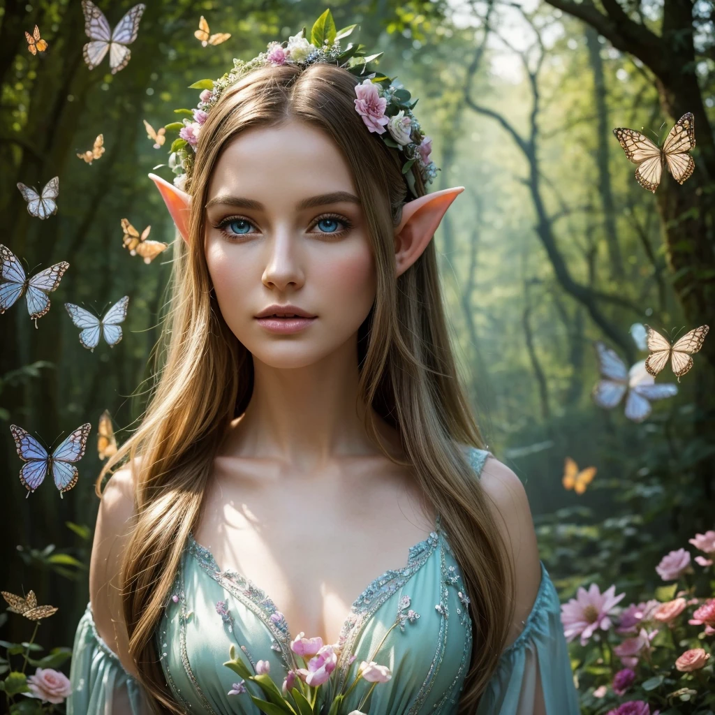 A female elf in a magical forest, enchanting eyes, delicate facial features, long and pointed ears, flowing and ethereal dress, graceful posture, surrounded by vibrant flowers and sparkling butterflies, surreal lighting and colors, dreamlike and whimsical atmosphere, photorealistic rendering, high-resolution masterpiece:1.2, mystical and enchanting portrait, fantasy style, soft and pastel color palette, gentle and warm lighting.