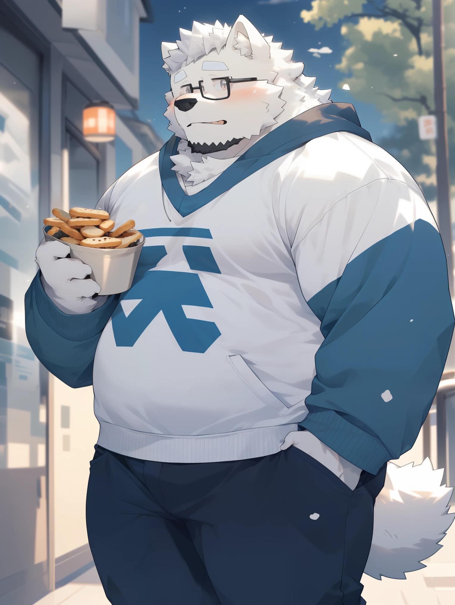 (masterpiece),(Very detailed),(best quality),hairy,Adult polar bear,White fur,Chubby body,Blue pupils,(In front of a ramen shop by the sea),((Blue scarf)),(Wearing shorts),(Wiping the sweat from the forehead with one hand),(blush:1.1),(Silly Smile),((Cute expression)),(high quality),(Ultra HD),(Extremely detailed)