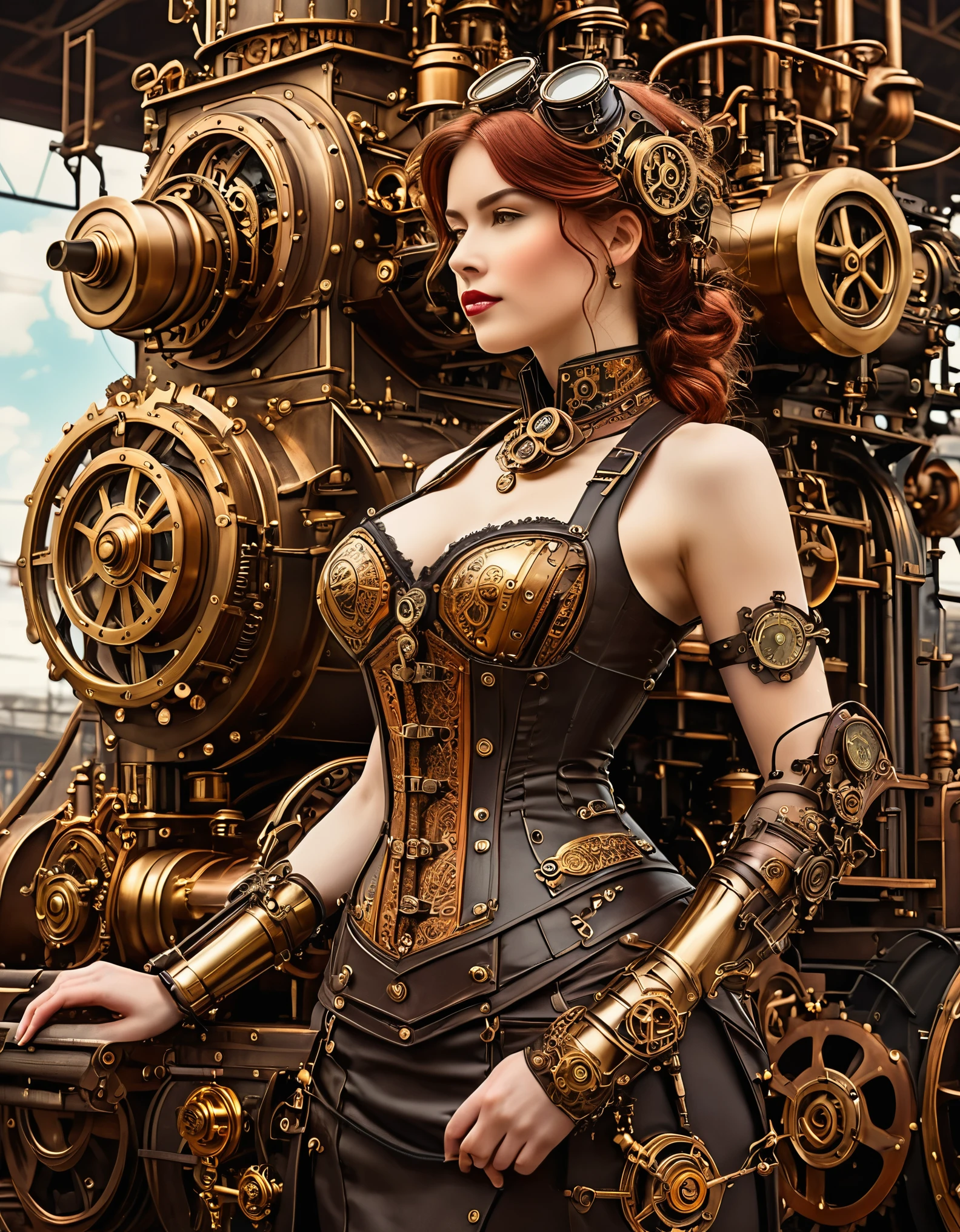 A mechanical marvel with gears and gadgets adorning her form, set against a backdrop of steam-powered machinery and industrial landscapes. Rendered in the style of steampunk art, her form is intricate and detailed, with brass accents and leather straps that evoke the spirit of the Victorian era.