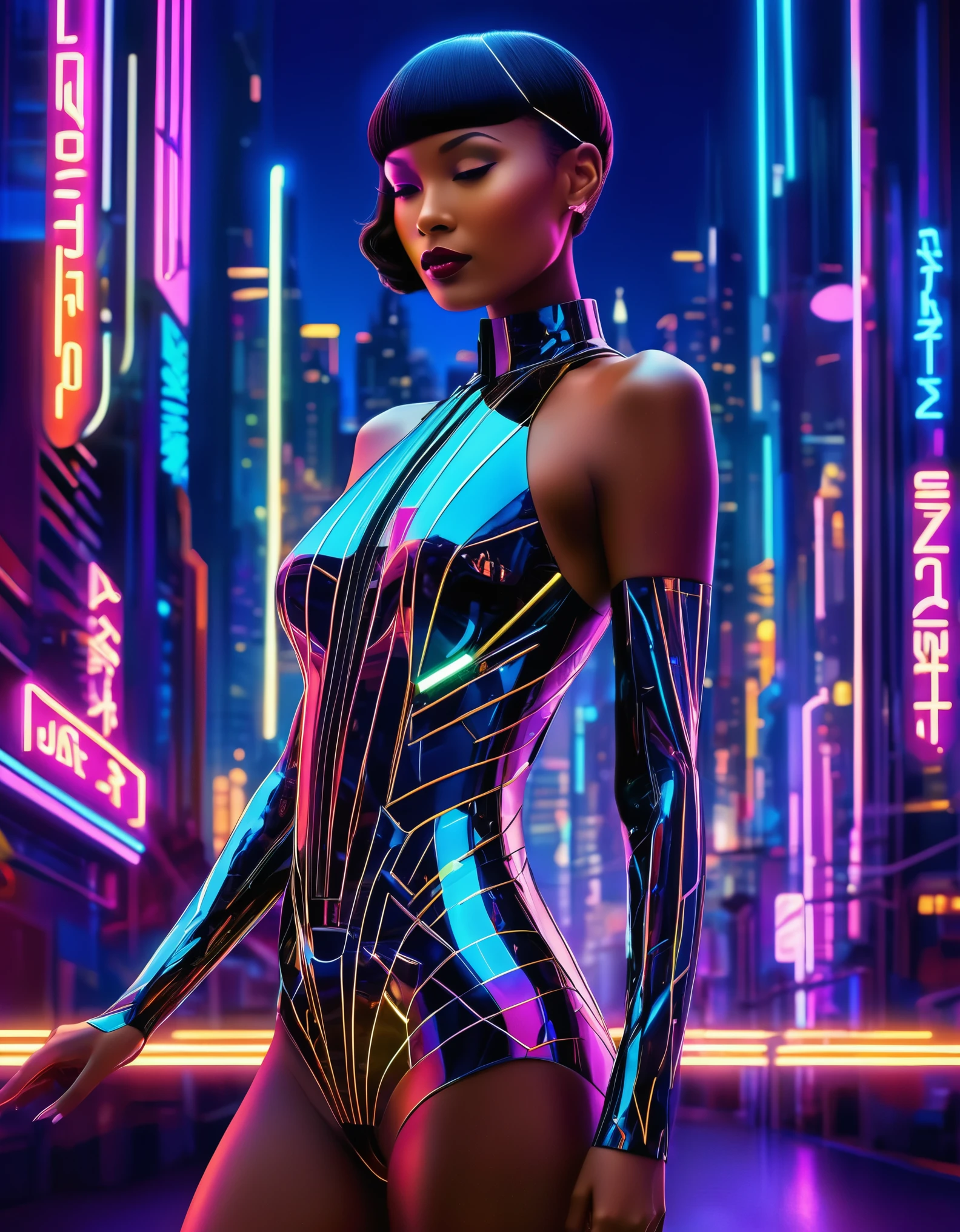 A sleek and stylish figure with metallic skin and glowing circuitry, set against a backdrop of futuristic cityscapes and neon lights. Inspired by Art Deco, her form is streamlined and elegant, with geometric patterns and sleek lines that evoke the glamour of the Jazz Age.
