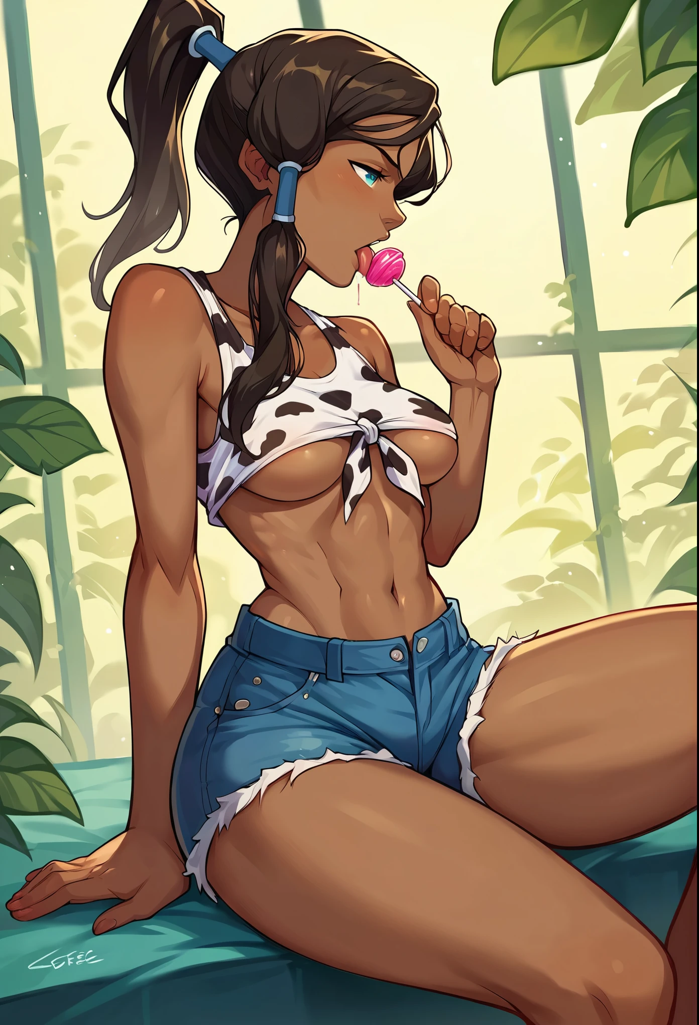 score_9, score_8_up, score_7_up, source_anime, 1girl, solo, tied crop top, boob window, cow pattern crop top, no bra, big tits, denim shorts, sitting, glazing lollipop, licking lollipop, korra