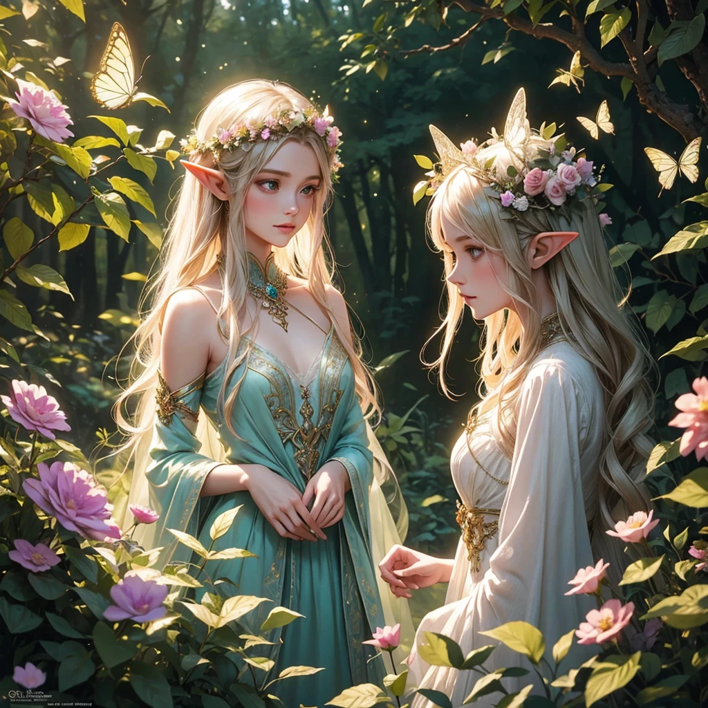 A female elf in a magical forest, enchanting eyes, delicate facial features, long and pointed ears, flowing and ethereal dress, graceful posture, surrounded by vibrant flowers and sparkling butterflies, surreal lighting and colors, dreamlike and whimsical atmosphere, photorealistic rendering, high-resolution masterpiece:1.2, mystical and enchanting portrait, fantasy style, soft and pastel color palette, gentle and warm lighting.