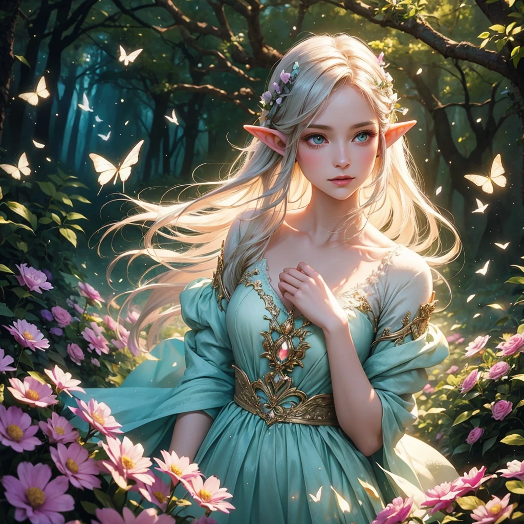 A female elf in a magical forest, enchanting eyes, delicate facial features, long and pointed ears, flowing and ethereal dress, graceful posture, surrounded by vibrant flowers and sparkling butterflies, surreal lighting and colors, dreamlike and whimsical atmosphere, photorealistic rendering, high-resolution masterpiece:1.2, mystical and enchanting portrait, fantasy style, soft and pastel color palette, gentle and warm lighting.