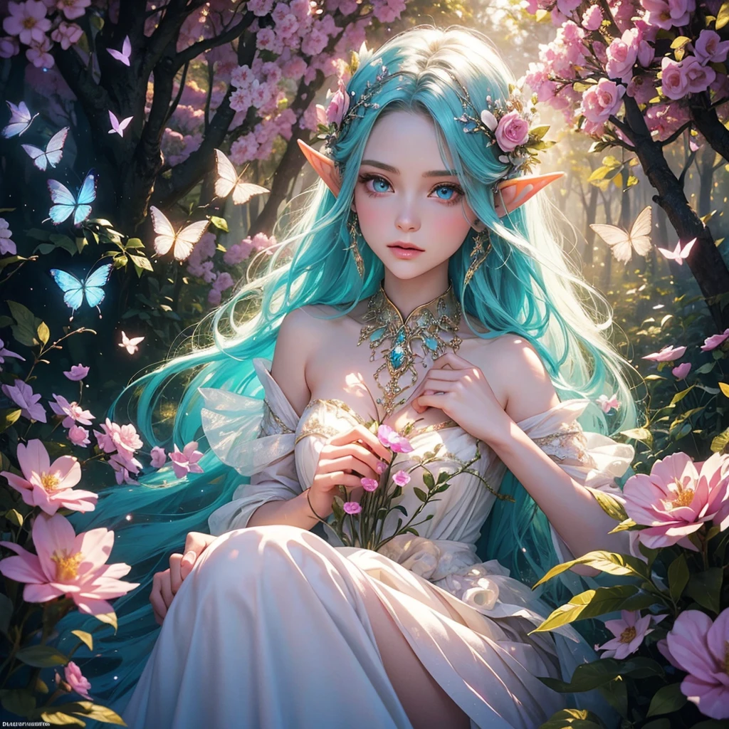 A female elf in a magical forest, enchanting eyes, delicate facial features, long and pointed ears, flowing and ethereal dress, graceful posture, surrounded by vibrant flowers and sparkling butterflies, surreal lighting and colors, dreamlike and whimsical atmosphere, photorealistic rendering, high-resolution masterpiece:1.2, mystical and enchanting portrait, fantasy style, soft and pastel color palette, gentle and warm lighting.