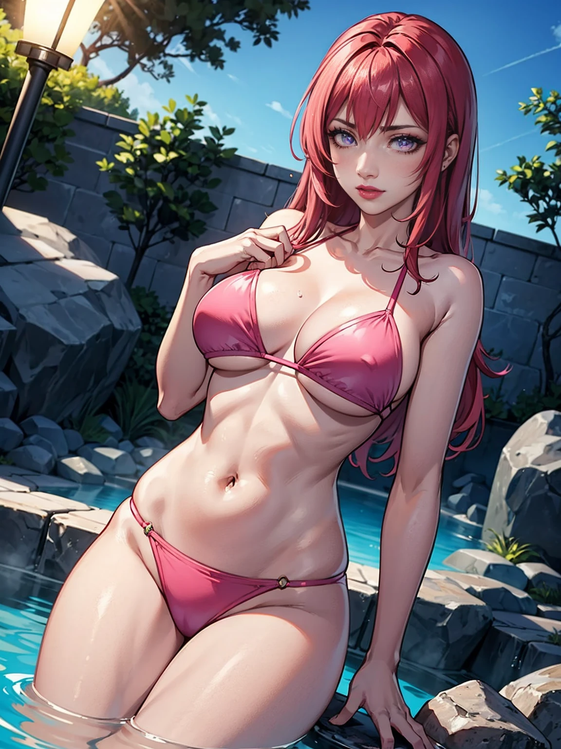 ((solo, 1woman, TakashiroHiroko, dark purple eyes, red hair, pink lipstick, Extremely detailed, ambient soft lighting, 4k, perfect eyes, a perfect face, perfect lighting, a 1girl)), ((solo, (1woman, pink lipstick), Extremely detailed, ambient soft lighting, 4k, perfect eyes, a perfect face, perfect lighting, a 1girl)), austere, Shizue, grabbing her chest, showing her chest, ((Deep purple eyes)), ((pink bikini)), spa, athletic body, body of equal proportions, ((lipstick)), front view, flushed cheeks, hot spring, outdoors, trees, rocks, outdoor hot spring, relaxing in a hot spring, towel