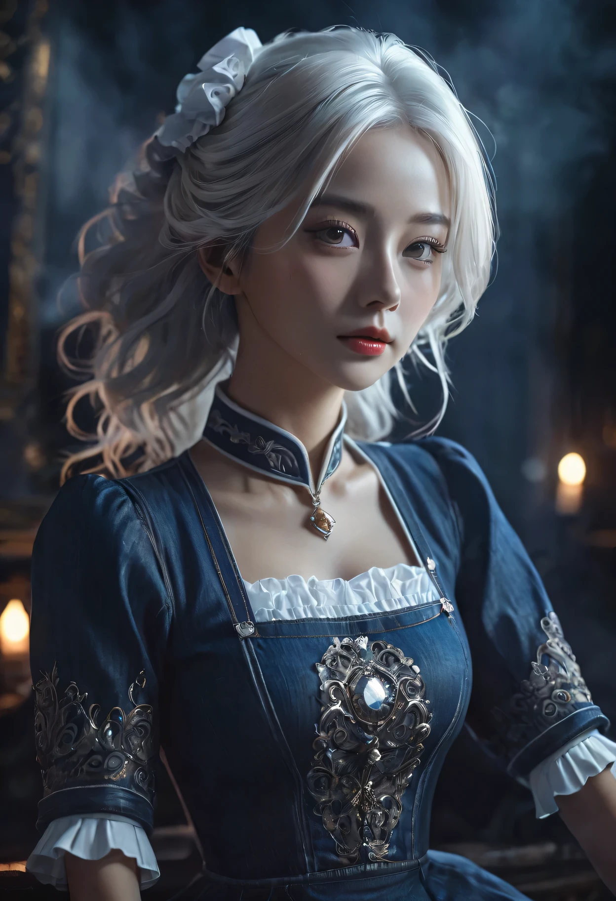 (in the darkness: 1.6),Surrealist female portrait, fantasy art, photorealism, dynamic lighting, art station, poster, Volumetric lighting, Very detailed faces, 4K, won,, 1 girl, in the darkness, deep shadow, low profile, denim lenses, (maid outfit: 1.4), long hair, white hair, broken into pieces, luxurious palace, royal style, wear glasses,hair accessories