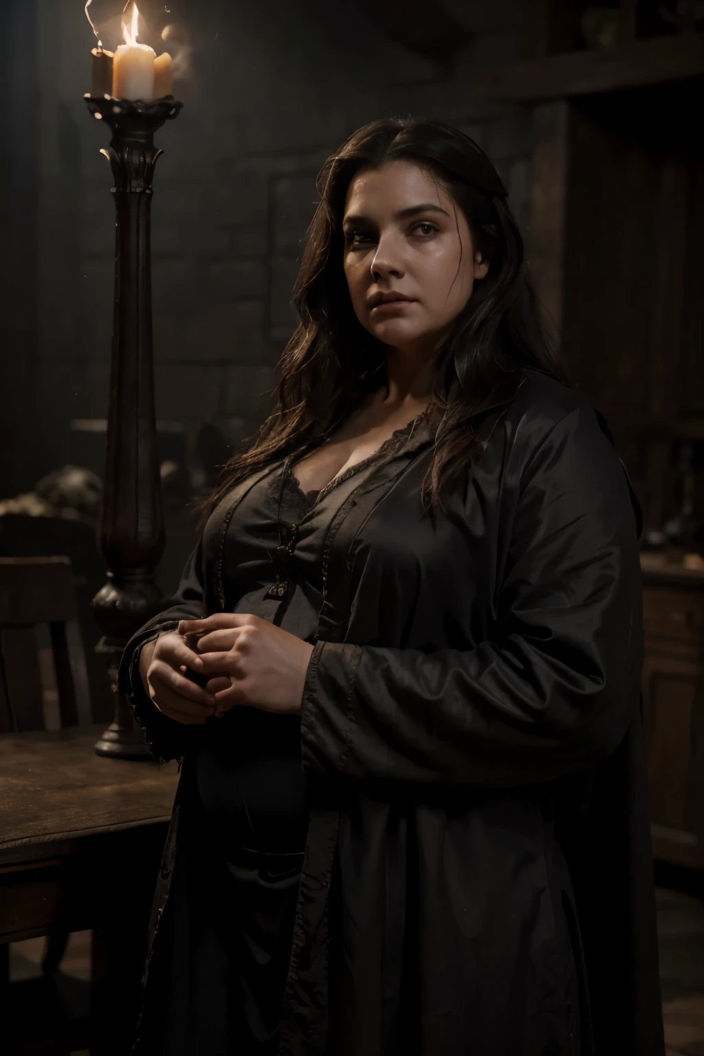 (Masterpiece: 0.8), Dramatic studio setting: 1.1, Sinister atmosphere, CG rendered image, Epic fantasy scene, Wizardess, 600-pounds, Overweight, Saggy belly, Dark robes, Long grey hair, Wrinkled skin, Hunched back, Prestigious wand, Serene expression, Sunken eyes, Weathered features, Shallow focus on face, Intricate details, Realistic textures, Old parchment background, Dust particles floating in the air, Dynamic lighting, Moody color palette

(High resolution, Ultra-detailed: 1.1), Theatrical dep