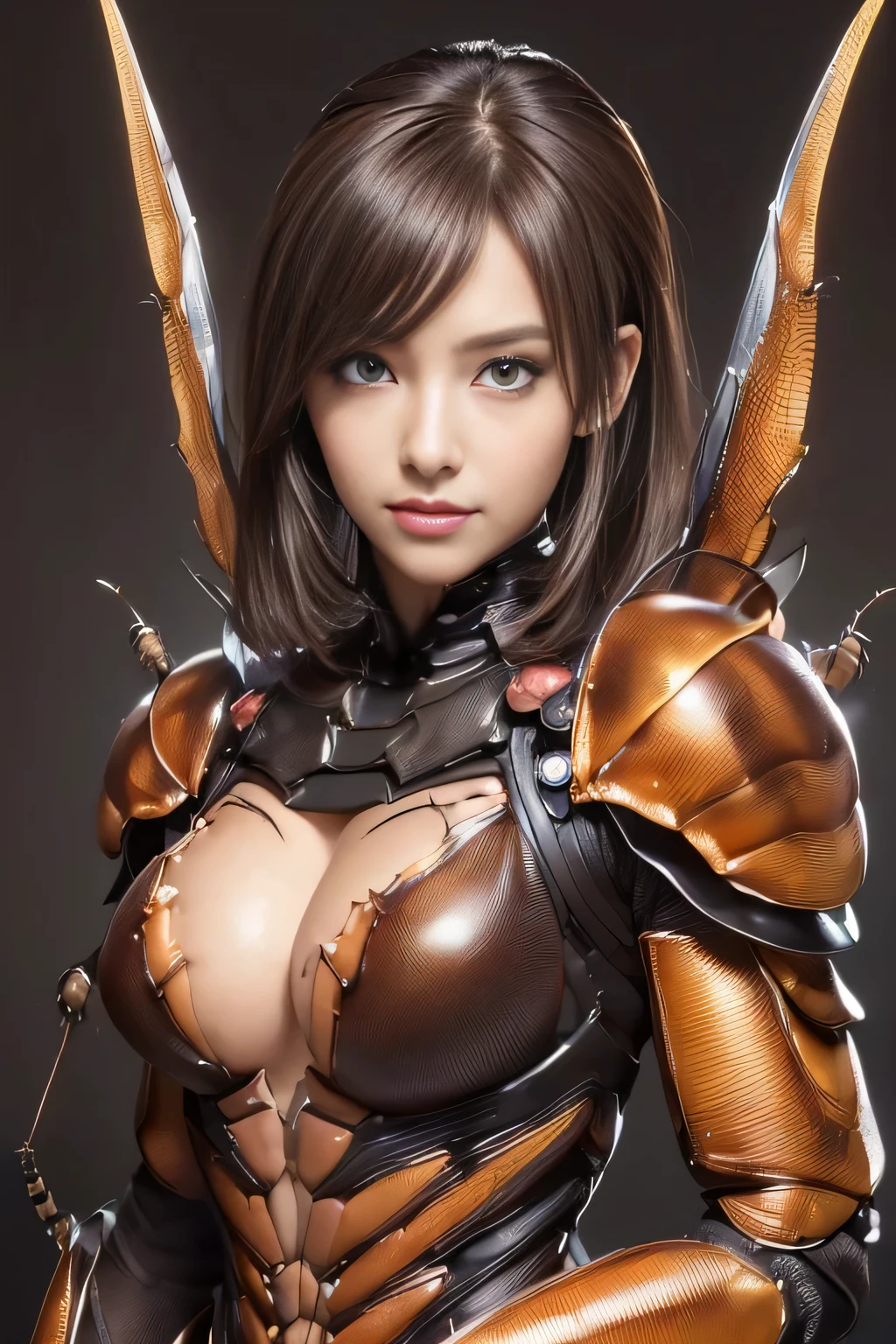 (High resolution,masterpiece,highest quality,Very detailed CG, anime, official art:1.4), realistic, photograph, amazing detail, everything is complicated, shiny and glossy,Amazing number of layers, 8K wallpaper, 3D, sketch, cute, figure,( alone:1.4), perfect female proportions,villain's daughter, (Fusion of dark brown cockroach and lady:1.4), (brown cockroach woman:1.2), (brown cockroach woman:1.2), (Fusion:1.2), (alone:1.4), (evil smile:1.2), muscular, abs, (Cockroach brown exoskeleton bio insect suit:1.4), (Cockroach brown exoskeleton bio insect armor:1.2), (brown transparent cockroach feathers:1.4), (Antennae of brown cockroaches:1.3),