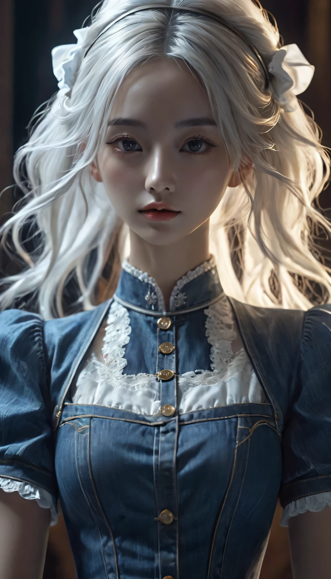 (in the darkness: 1.6),Surrealist female portrait, fantasy art, photorealism, dynamic lighting, art station, poster, Volumetric lighting, Very detailed faces, 4K, won,, 1 girl, in the darkness, deep shadow, low profile, denim lenses, (maid outfit: 1.4), long hair, white hair, broken into pieces, luxurious palace, royal style, wear glasses,hair accessories