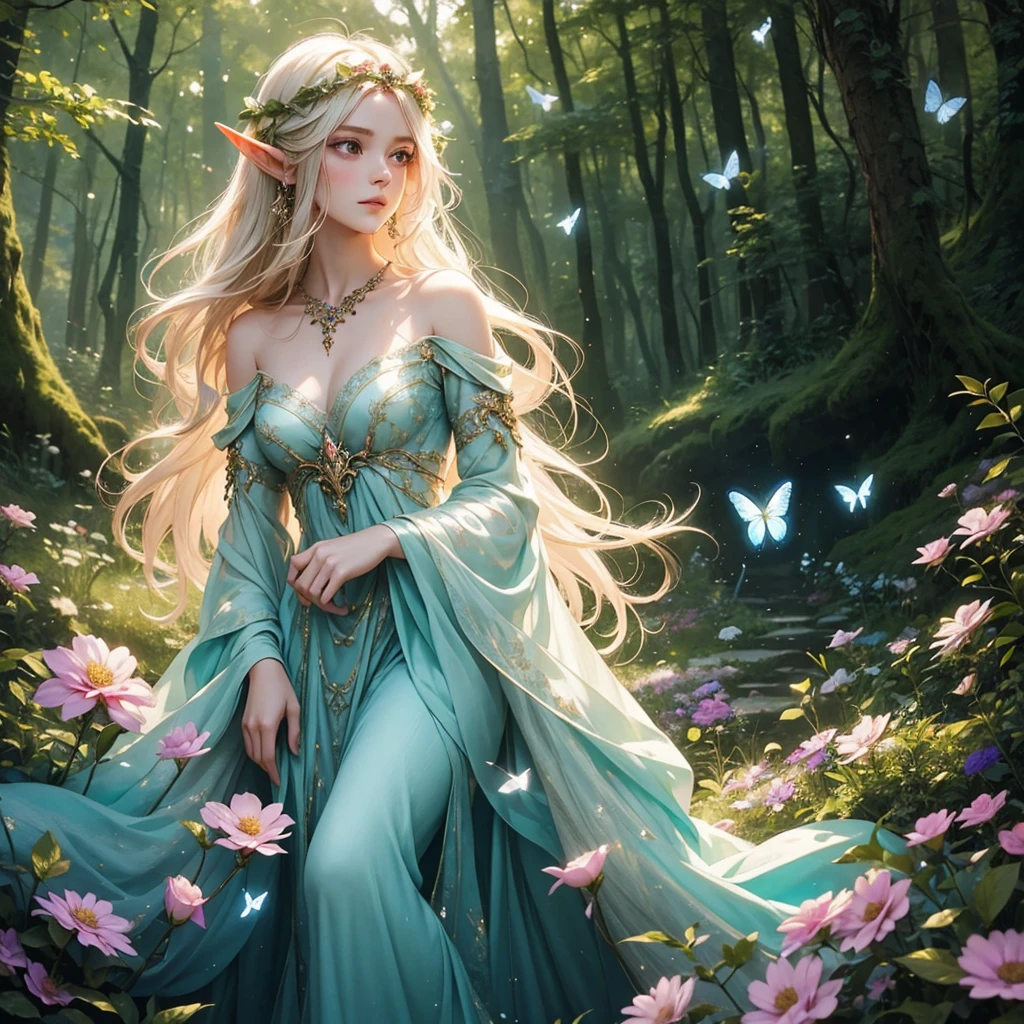 A female elf in a magical forest, enchanting eyes, delicate facial features, long and pointed ears, flowing and ethereal dress, graceful posture, surrounded by vibrant flowers and sparkling butterflies, surreal lighting and colors, dreamlike and whimsical atmosphere, photorealistic rendering, high-resolution masterpiece:1.2, mystical and enchanting portrait, fantasy style, soft and pastel color palette, gentle and warm lighting.