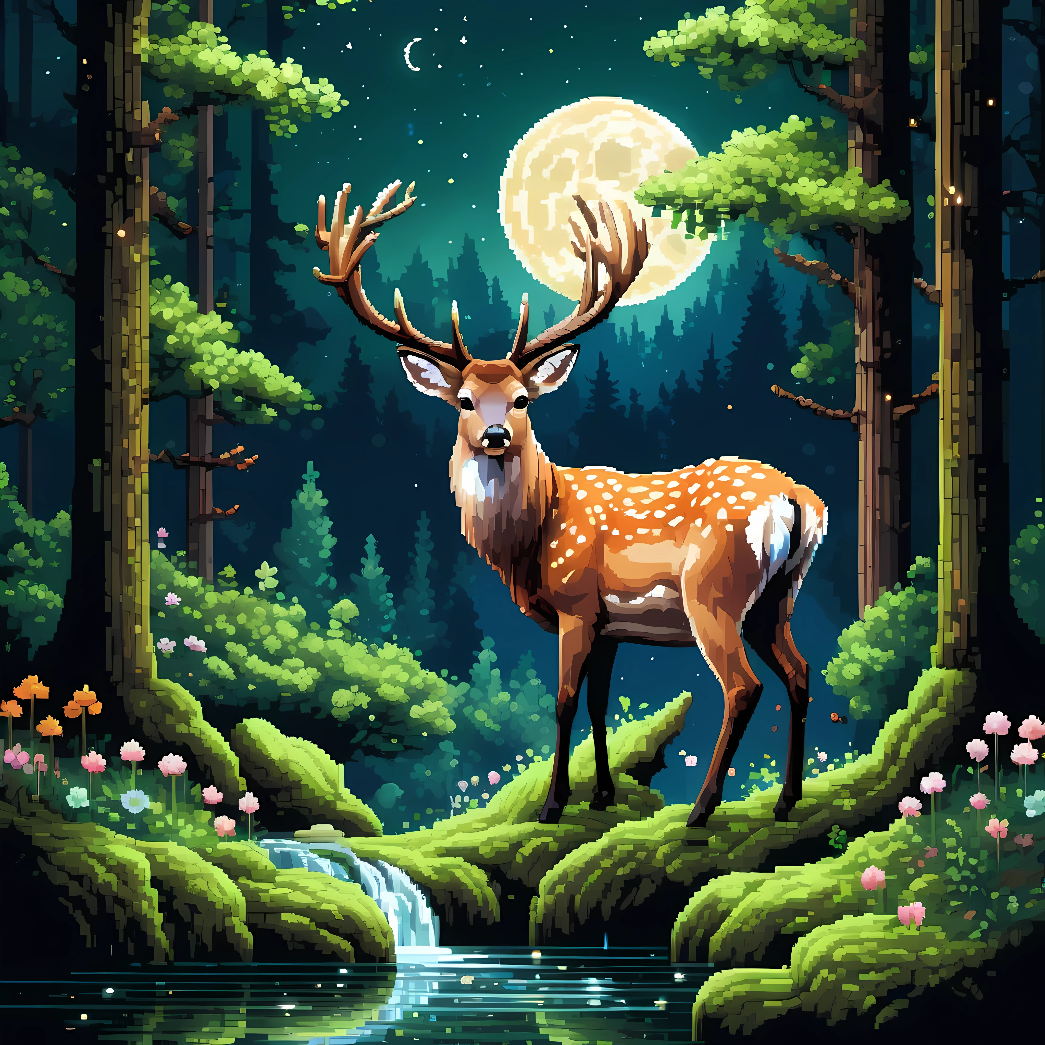 Cute pixel art illustration, masterpiece in maximum 16K resolution, superb quality, visualize a haunting twilight garden within a decrepit Victorian mansion during a sultry summer, where velvety dark roses, twisting ivy, the intricately carved gently flowing fountain, eerie bats flit through the dusky sky, adding a mysterious and gothic charm to the warm summer ambiance. | ((More_Detail))