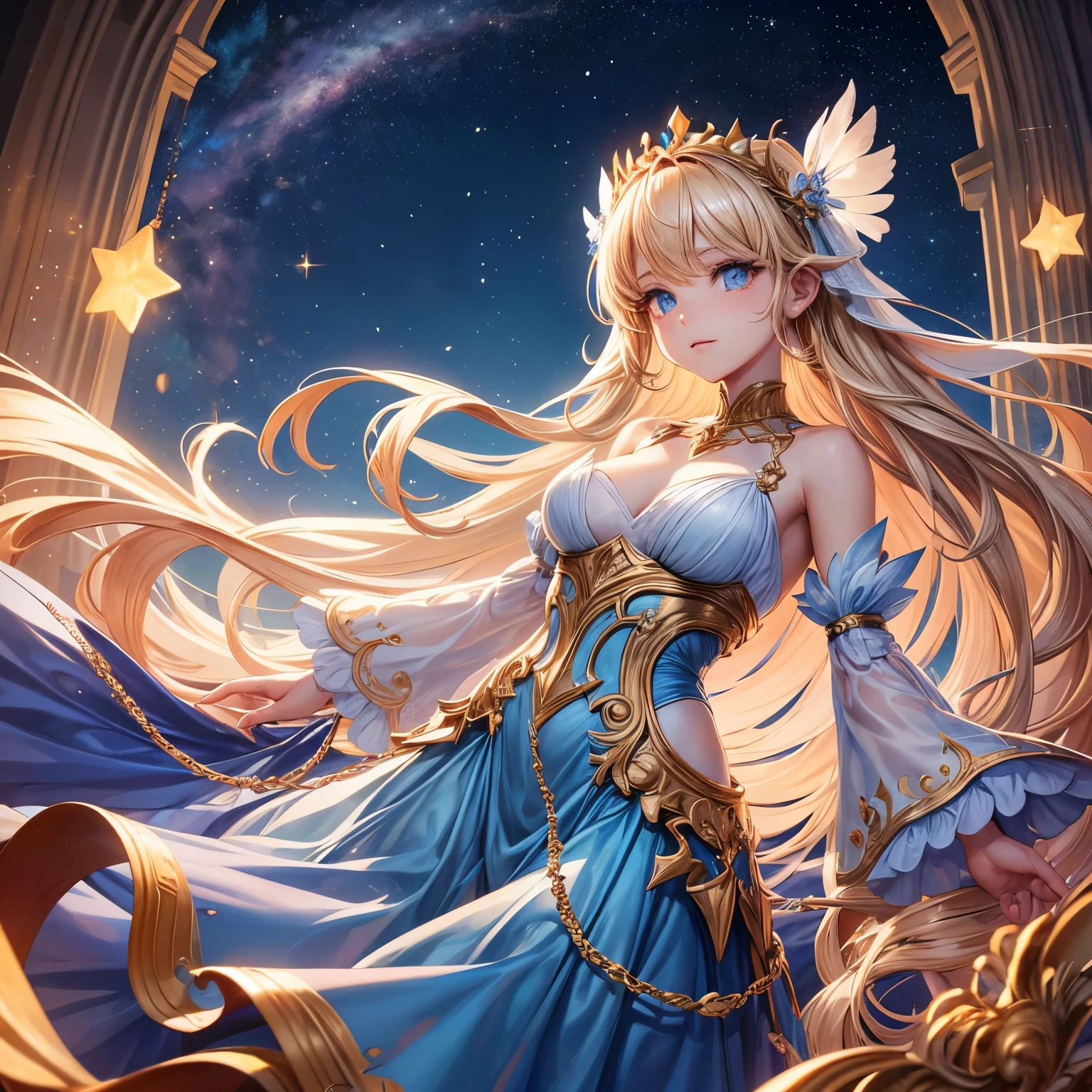 ( high quality , Super detailed, Be careful with your hands )Constellation-Gemini Goddess , similar to latin goodness , twin goddesses , curious, skilled, humor, Tempting, imaginative face , sometimes unrealistic, anxiety, nervous, careless style , light brown eyes , Light blonde hair , Sheer dress , in the windy sea , whole body , flirty makeup ,