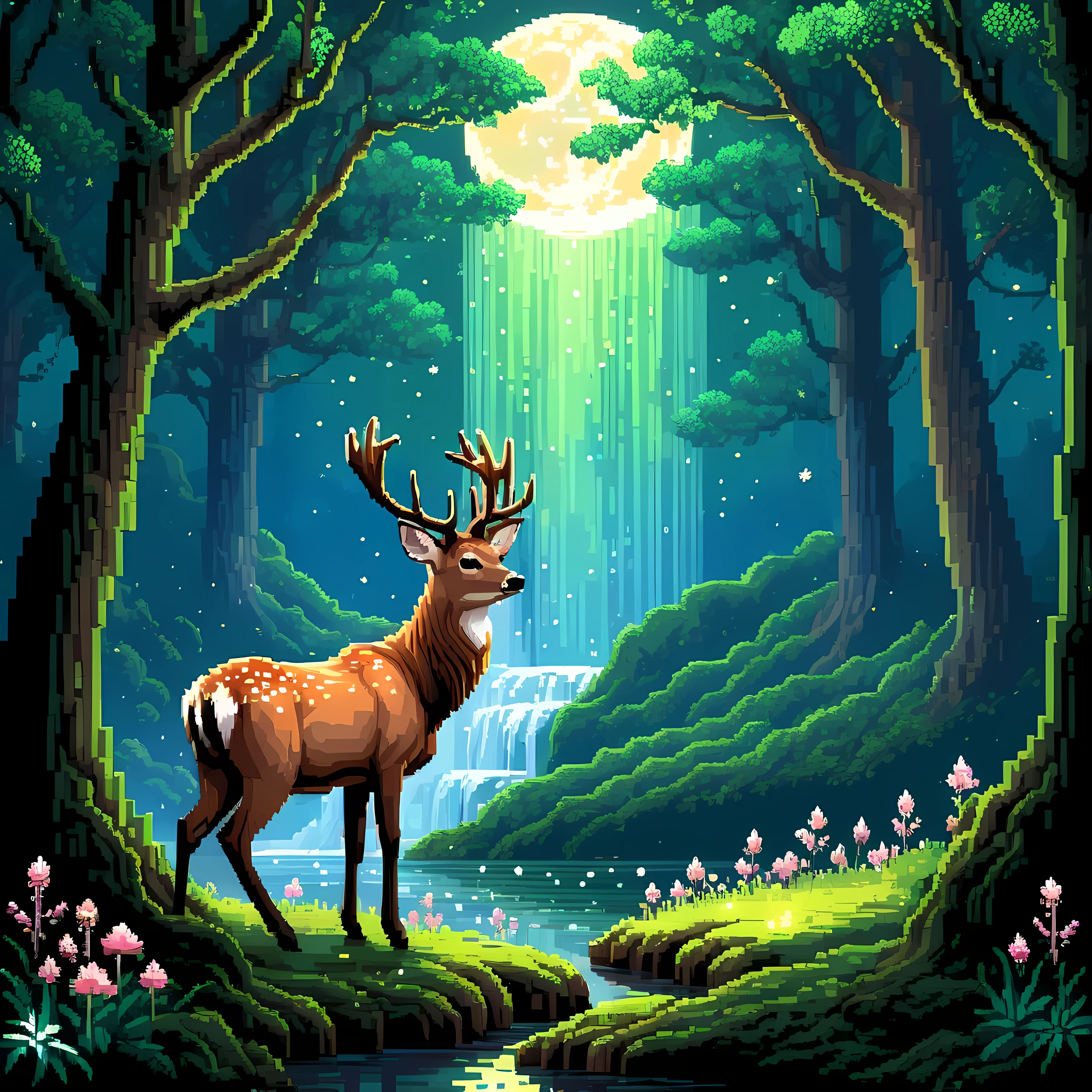 Cute pixel art illustration, masterpiece in maximum 16K resolution, superb quality, imagine an enchanting forest under a starlit sky, where ancient trees stand tall with twisted branches reaching towards the heavens, a majestic translucent deer moves gracefully through the moonlit shadows, soft moss covers the forest floor, dotted with delicate glowing flowers that emit a soft light, a gentle waterfall nearby. | ((More_Detail))