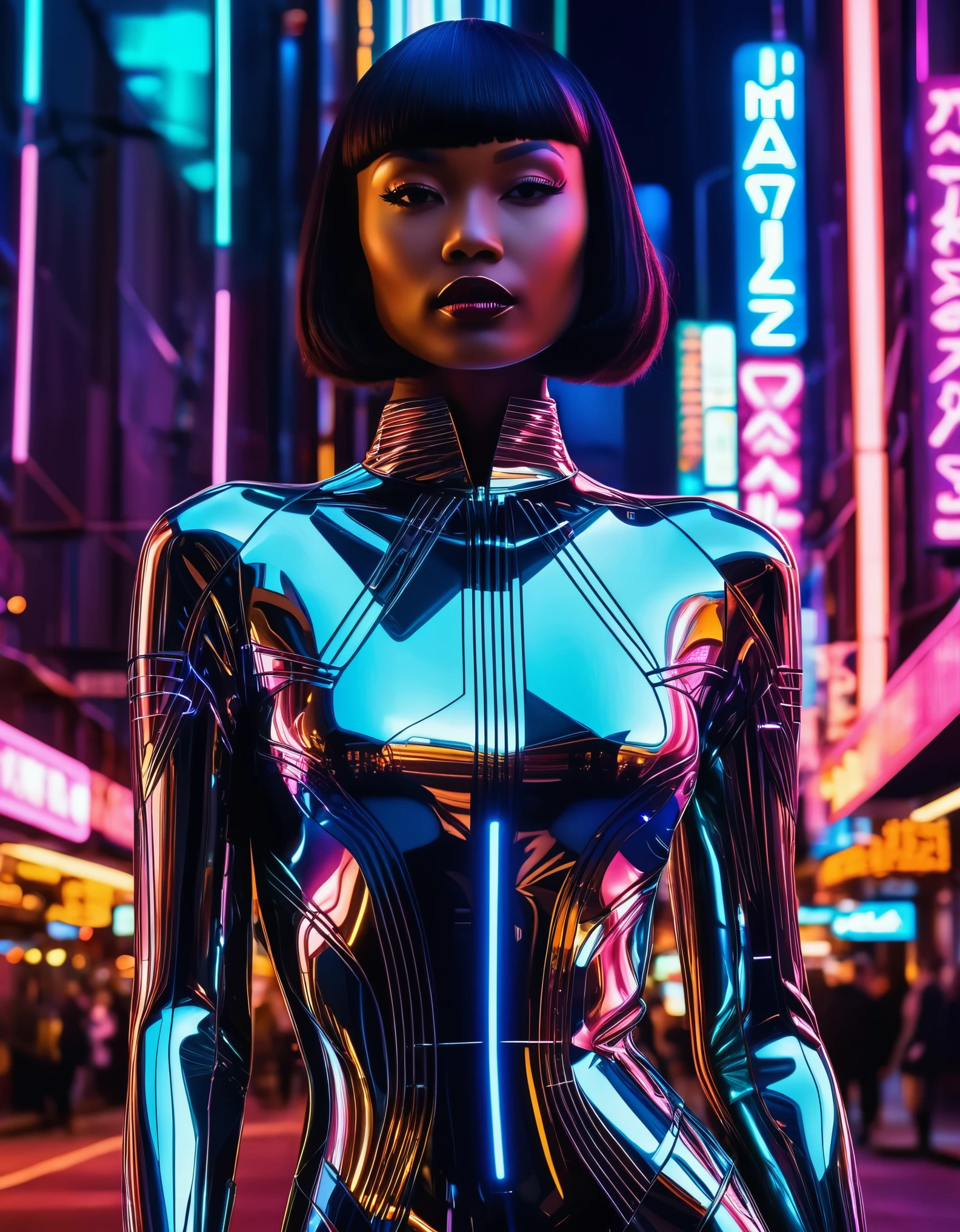 A sleek and stylish figure with metallic skin and glowing circuitry, set against a backdrop of futuristic cityscapes and neon lights. Inspired by Art Deco, her form is streamlined and elegant, with geometric patterns and sleek lines that evoke the glamour of the Jazz Age.