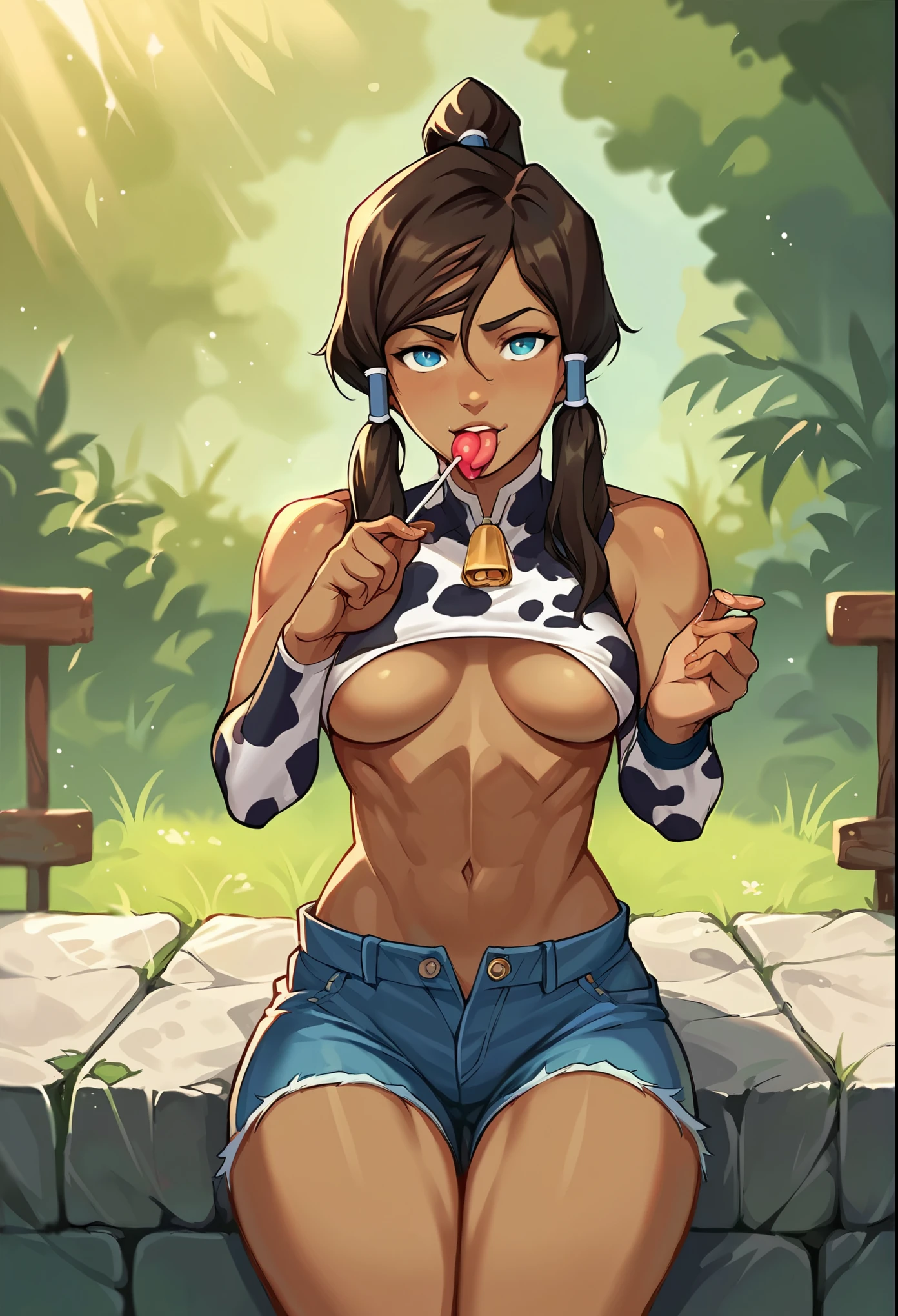 score_9, score_8_up, score_7_up, source_anime, 1girl, solo, tied crop top, boob window, cow pattern crop top, no bra, big tits, denim shorts, sitting, glazing lollipop, licking lollipop, korra, front view, looking at viewer