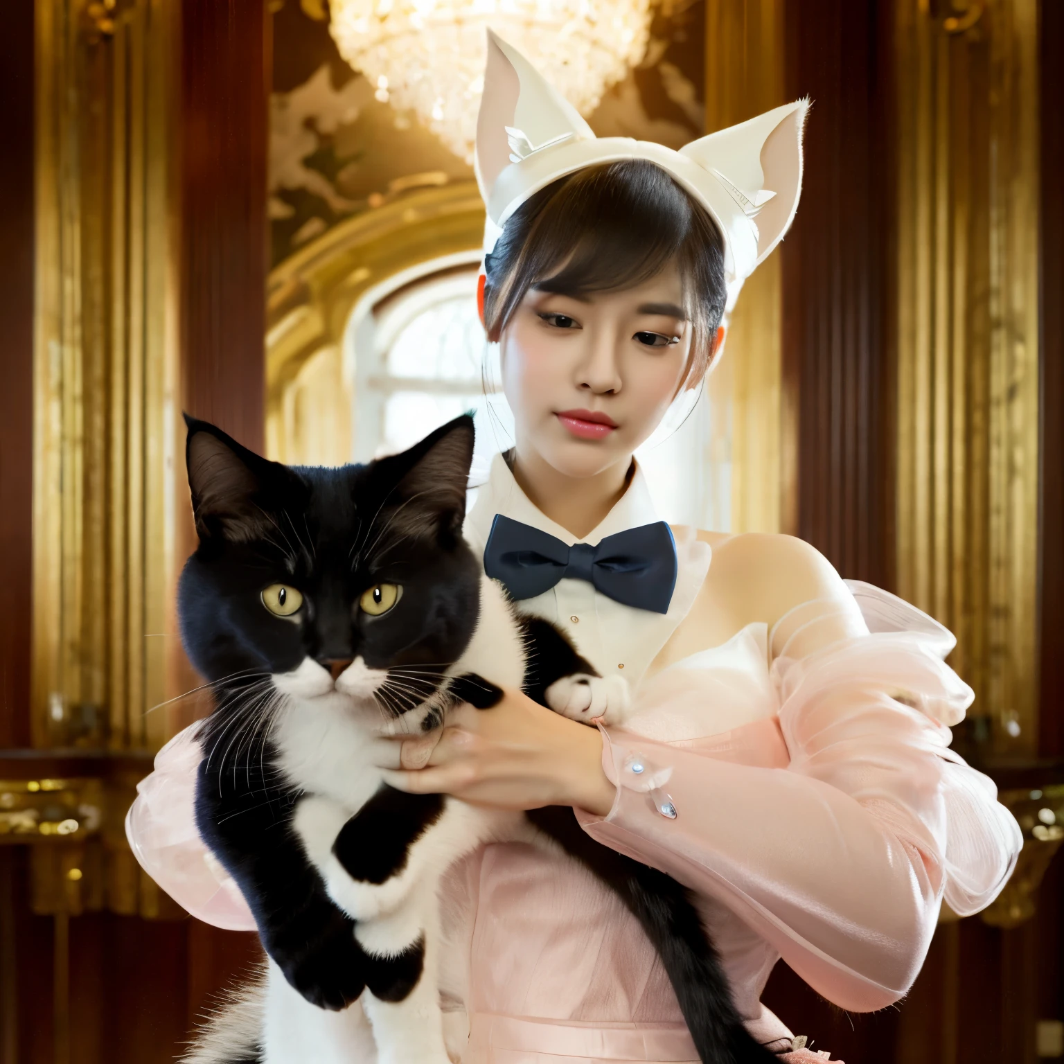 (highest resolution, clear_image) highest quality, A woman with cat ears, alone, masterpiece, very detailed, semi-realistic, indoor background, kind, exquisite features, exquisite features、Butler
