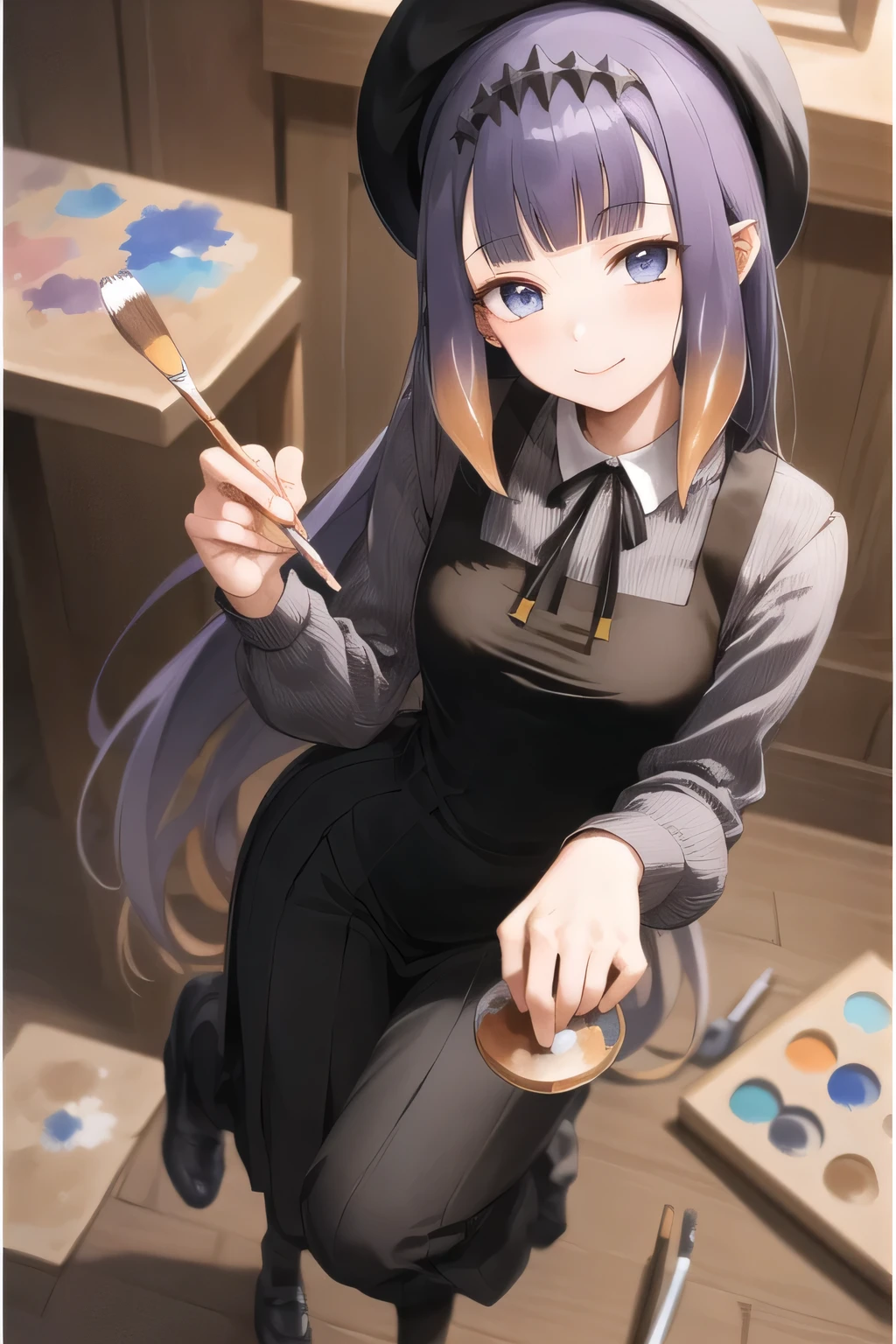 2d, masterpiece, best quality, anime, highly detailed face, highly detailed eyes, highly detailed background, perfect lighting, full body, 1girl, solo, ina_beret, pinafore dress, ribbon, workshop, holding paintbrush, painting \(object\), smile