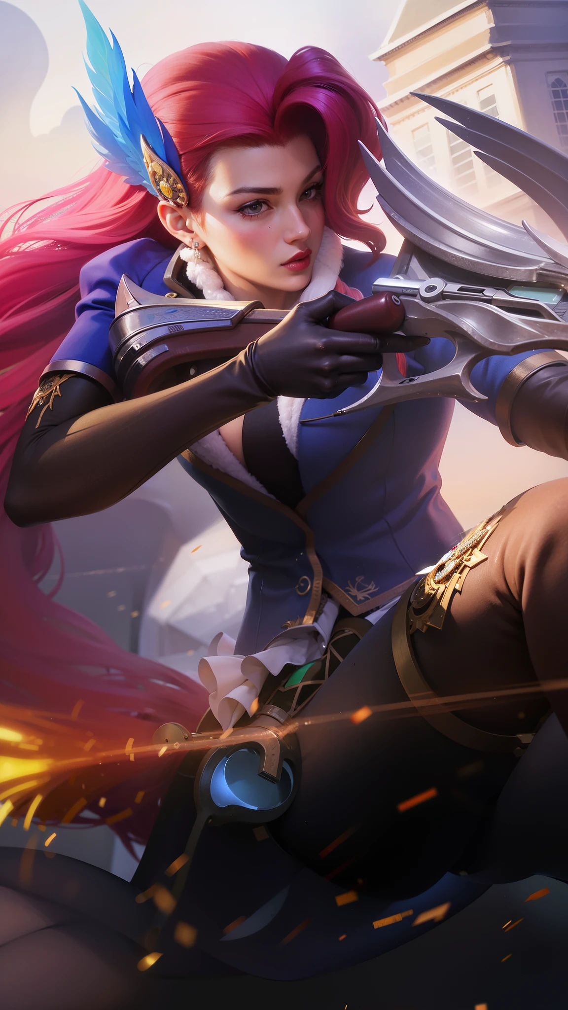 8k, ultra hd, ultra detailed texture, hyper realistic, masterpiece, detailed texture, detailed face, detailed skin, detailed lighting, (photorealistic:1.5), best quality, beautiful lighting, cinematic lighting, professional lighting, ultra highres, realistic, detailed hair, real hair, high quality, (realskin:1.5), extremely detailed, finely detail, ultra-detailed, 1woman, a close up of a woman wearing a patch over one eye with a gun in her hand, red long hair, red lips glossy.