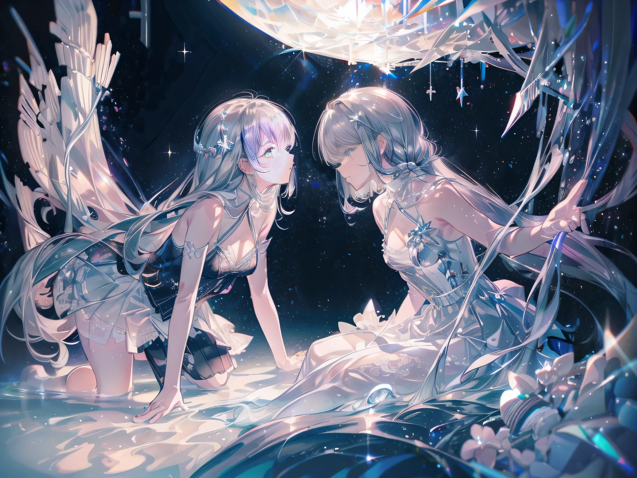 masterpiece，super high quality，holy，fair，Romantic，I can&#39;t imagine how fair this is，two girls，stand，Black and white lace skirt，starlight，silver，Stellar debris，shining stars，Sense of collapse，light and shadow，aesthetic，dreamlike scene，world