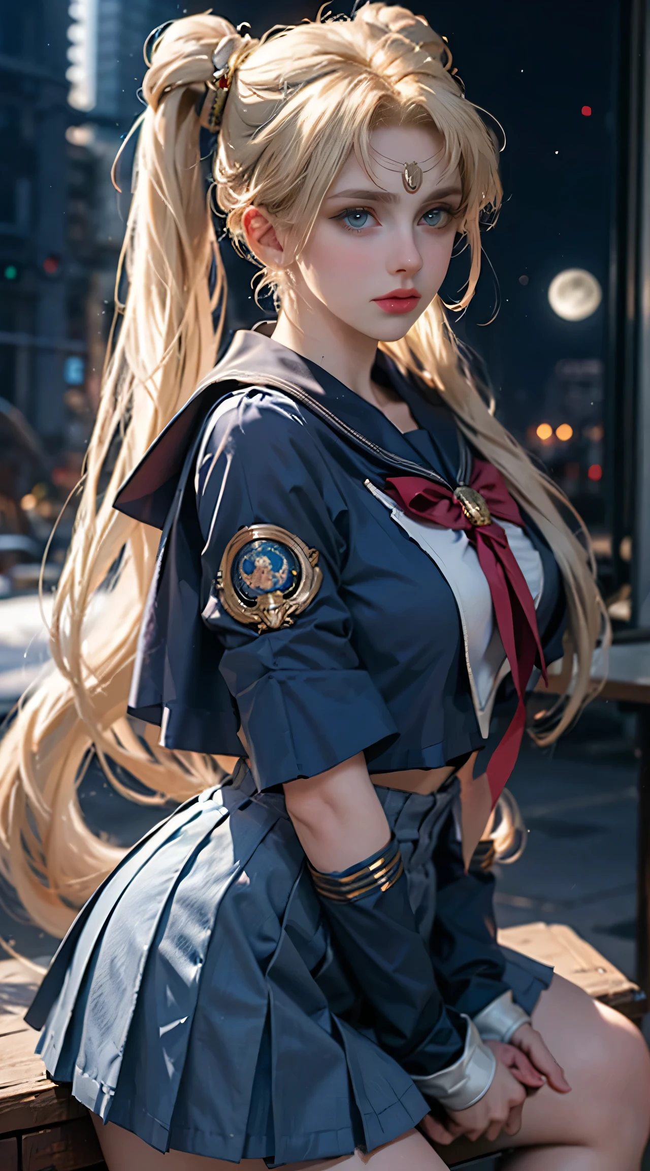 ((masterpiece)), (best quality), (Super details), ((Very detailed)), 4K, (8k), Sailor Moon, Long blonde, double ponytail, Mariner Moon, dream core, coated school shirt, big breasts
