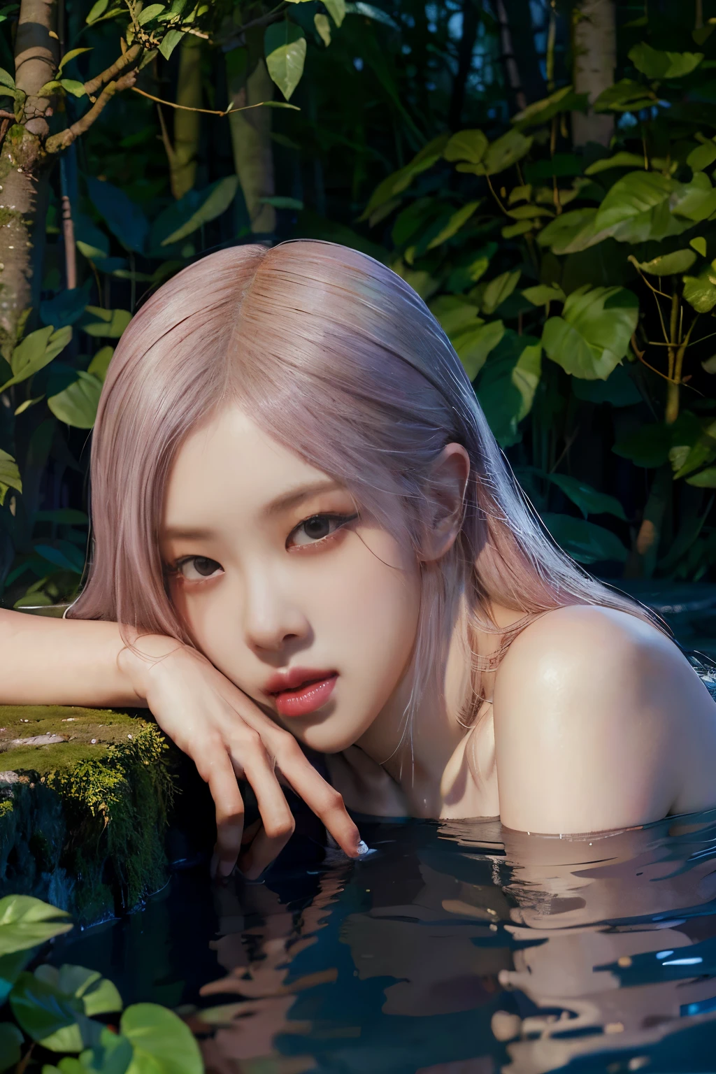 Rose from blackpink, pink hair, (full body), wearing medieval long clothes, sitting on a rock, feet in the water, Drenched hair, The background is a forest, sunset, (masterpiece, best quality, award winning, highres), skinny, intricate and beautiful design, highly detailed beautiful face, super detailed beautiful eyes, light smile, sitting near stream, forest, leaves flow, windy, sun lights through forest, fantasy art, dynamic lighting, cinematic lighting, hyper realistic, extremely CG detail, octane render, (artistic + masterpiece:1.4), (incredibly detailed eyes), (8k, Photorealistic, Photo RAW, Best quality: 1.4), (UHD), (Ultra high realism), (Ultra high definition), (Ultra high detail), (Realistic face), Beautiful hairstyle, Realistic bright amber eyes, Beautiful details, (Realistic skin), Pale, smooth and luminous skin with iridescent shine and no imperfections, Ultra high definition, Ultra realistic, Highly detailed