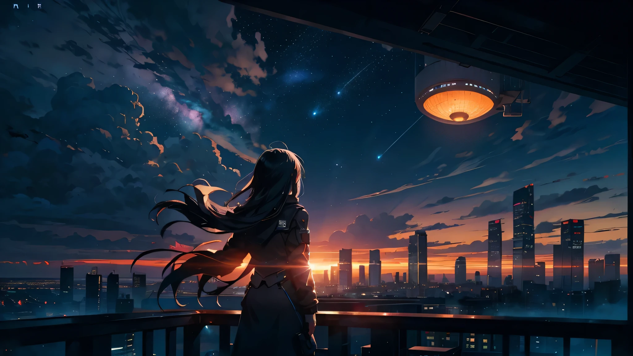 octane number, null, star (null), scenery, starry null, night, Rear view of an adult woman, night null, sunrise、alone, outdoor, building, cloud, milky way,Are standing, long hair, boyish clothes、city, silhouette, cityscape、roof of the building