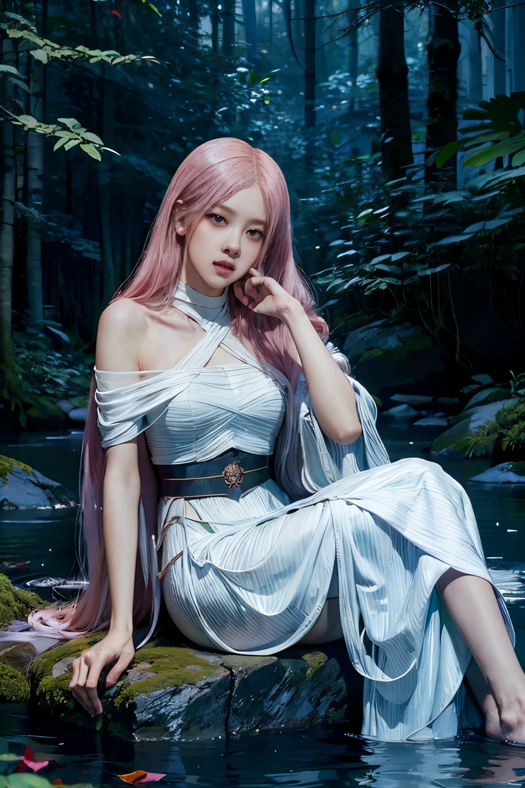 Rose from blackpink, pink hair, (full body), wearing medieval long clothes, sitting on a rock, feet in the water, Drenched hair, The background is a forest, sunset, (masterpiece, best quality, award winning, highres), skinny, intricate and beautiful design, highly detailed beautiful face, super detailed beautiful eyes, light smile, sitting near stream, forest, leaves flow, windy, sun lights through forest, fantasy art, dynamic lighting, cinematic lighting, hyper realistic, extremely CG detail, octane render, (artistic + masterpiece:1.4), (incredibly detailed eyes), (8k, Photorealistic, Photo RAW, Best quality: 1.4), (UHD), (Ultra high realism), (Ultra high definition), (Ultra high detail), (Realistic face), Beautiful hairstyle, Realistic bright amber eyes, Beautiful details, (Realistic skin), Pale, smooth and luminous skin with iridescent shine and no imperfections, Ultra high definition, Ultra realistic, Highly detailed