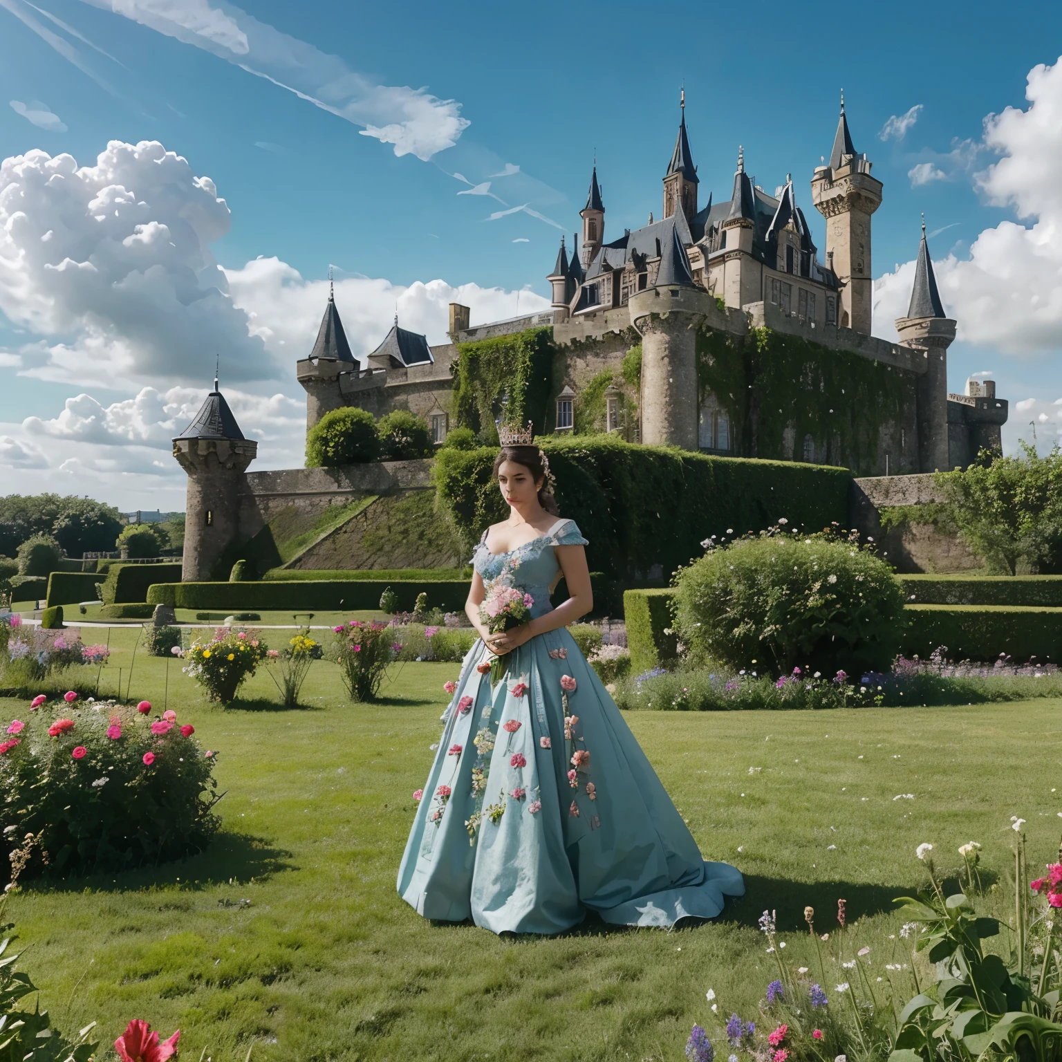 Queen with flowers and a castle behind her and clouds over all vegetation