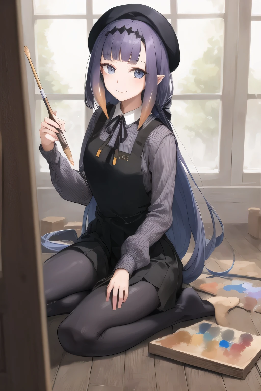 2d, masterpiece, best quality, anime, highly detailed face, highly detailed eyes, highly detailed background, perfect lighting, full body, 1girl, solo, ina_beret, pinafore dress, ribbon, workshop, holding paintbrush, painting \(object\), smile 