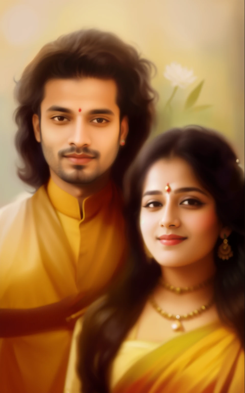 painting of a man and woman in traditional clothing posing for a picture, portait photo profile picture, lovely couple, inspired by Thota Vaikuntham, vishnu, by Thota Vaikuntham, made with photoshop, photoshoped, photoshopped, internet meme, edited, official fanart, very disturbing, profile picture, futured, ghutra and egal
