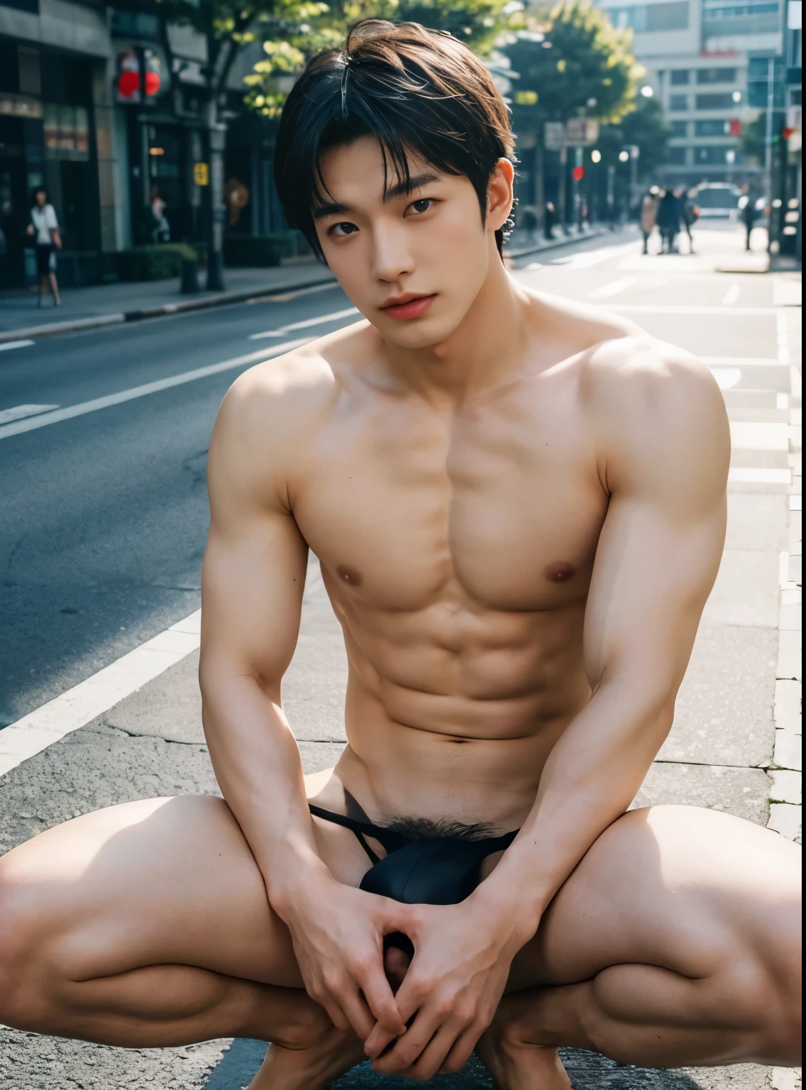 young man, 22 years old, Good looking, Looks like a Japanese actor, หน้าตาเหมือน J pop idol, ใบหน้าhandsomeเท่, white skin, small mouth, Slender face, short hair, handsome, Confident eyes, fit, Broad shoulders, have abdominal muscles, naked, naked, Sitting with legs apart, Open your legs in a V shape., Tokyo city as a background, bright, outdoor, likes to show off his penis, clearly shows the penis, There was one decent sized penis., Don&#39;t feel embarrassed., Was gangbanged for taking pictures, Slut, Shameless, exhibitionist, pose like prostitute, expression of ecstasy/orgasmic, cumshot, natural light, both eyes are the same, muscular, perfect eyes, nipples showed, penis exposed, Global illumination, tall, full body, tiny waist, soft light, dream light, digital painting, extremely detailed CGI, hd, 8k, 4k background