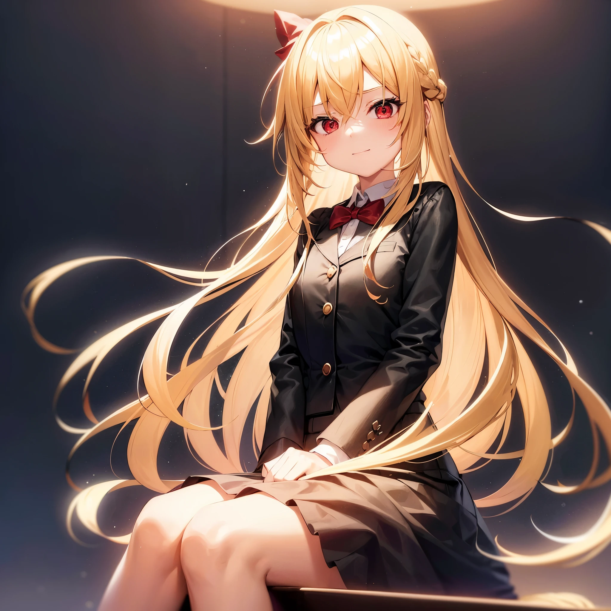 girl with blonde hair, 7 years old,;;;;;;;;, red eyes, long hair,Green braid tied in bows left and right.........,, Wear a black work suit, Wear a heart mask and sit in a chair in front of a computer screen.....With a slightly smiling face.................