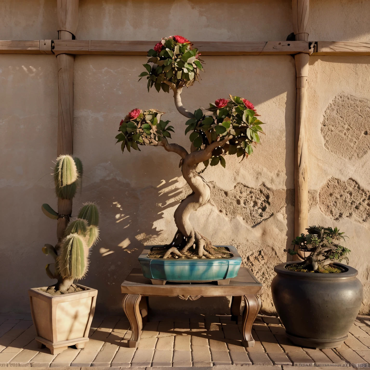 desert, huge caudex style bonsai, lots of roses, adenium flower, desert background, highres, ultra-detailed, realistic, vivid colors, studio lighting