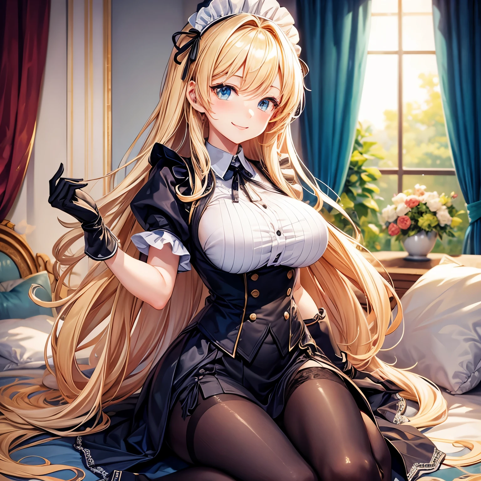 ((highest quality、High resolution、8K、masterpiece:1.3))、dynamic angle、wallpaper、1 girl、unparalleled beauty、ultimate beauty、super detailed face、delicate eyes、smile shyly、sexy look、Depth of bounds written、light particles、side light、long hair、(blonde、maid、maid服)、(Lifting the skirt with both hands)、((Her skirt is flipped up and her pussy is exposed.、She shyly lifts up her skirt and shows her pussy.))、(Love juice dripping from the pussy)、(I'm tempting、Inviting to have sex)、perfect body、beautiful breasts、big breasts、cleavage、Thighhighs、thighs、slim、slender、Old castle at night