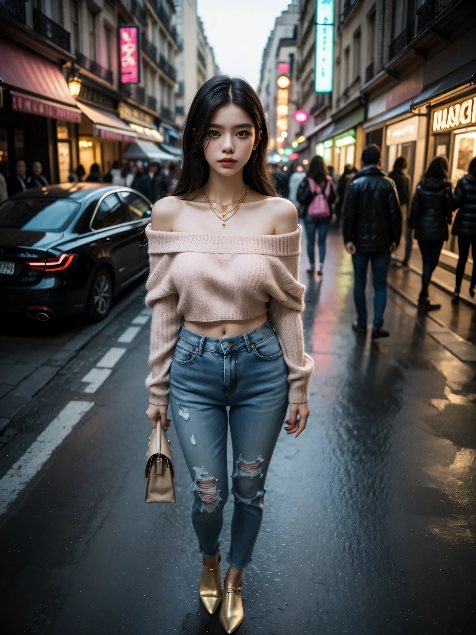 Cinematic photography, full body of a beautiful taiwanese girl with black hair, wearing a pink striped off-shoulder knit top with short denim and wear a gold necklace with "R" letter on the locked. a bit chubby, standing in the street in paris at night with backlight effects on the girl, bokeh, surrounded by a sea of reflecting the neon lights of the city, creating a surreal and dreamlike atmosphere. Bondan woelfel style