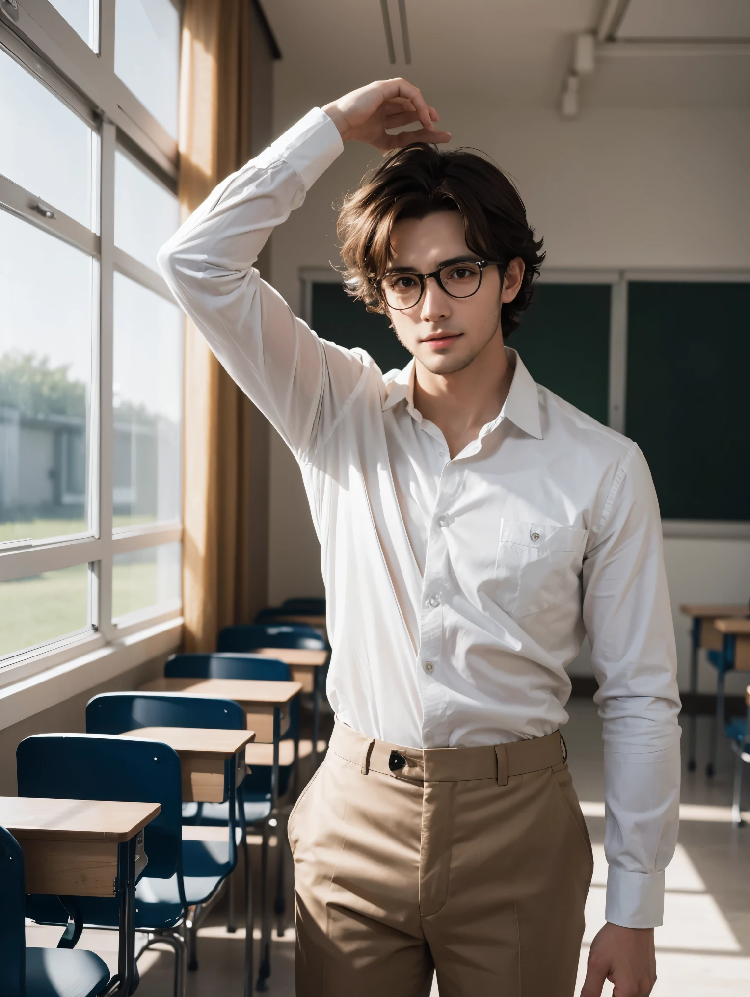 (Masterpiece, Hyperrealistic, 8k, HDR, RAW), ((Natural illumination)), window illumination, inside illumination, (((Inside a classroom))), ((handsome man)), american boy, bad boy, 25 years old, ((White shirt)), ((brown trousers)), ((Glasses)), ((short curly hair)), ((Toned muscular body)), ((brown hair)), sexy face, big eyes, grin, perfect anatomy