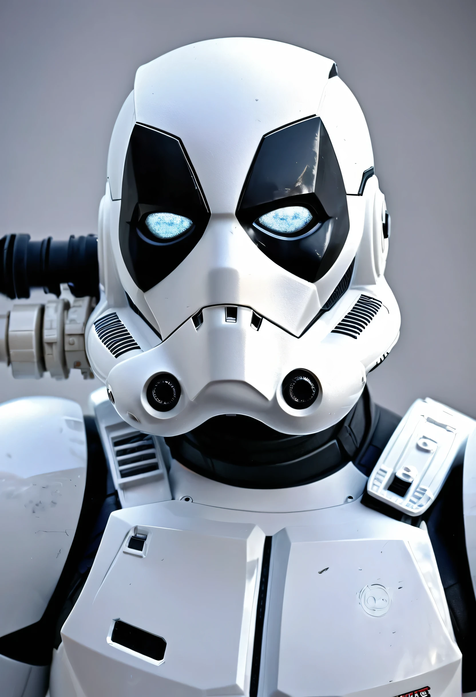 Deadpool in white plastic star wars armor, fine detail,  deadpool's eyes, stormtrooper helmet with deadpool eyes, jawpipes, helmet tubes, armor pkates, armor panels, rivets, chiaroscuro, hyper realistic, intricate detail, scifi, cyberpunk, greebles, shiny, black white, bad ass, low angle, heroic, long shot, full body, 