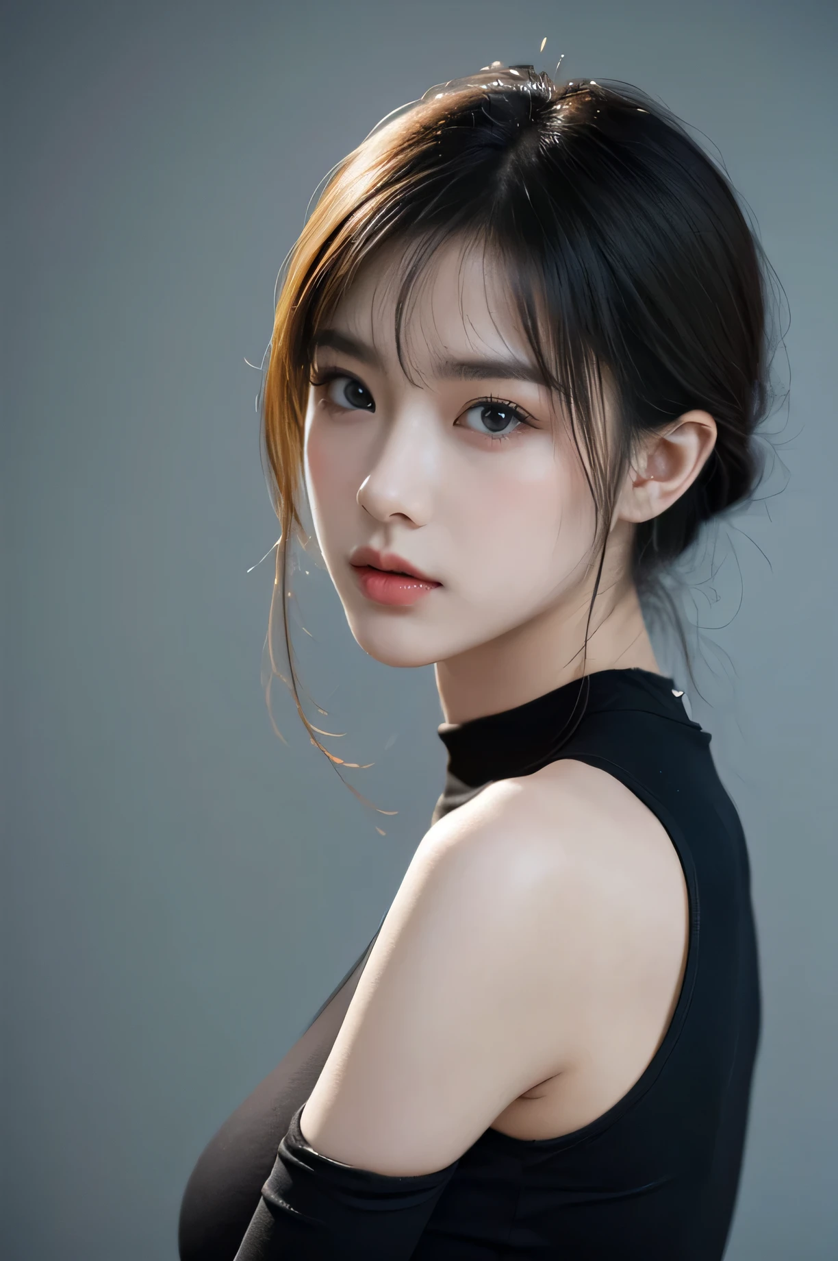 tmasterpiece,Best quality,A high resolution,8K,(Portrait photograph:1.5),(Head close-up),(ROriginal photo),real photograph,digital photography,(Girls in the workplace),(Female president),20 year old girl,random hair style,By bangs,(green-eyed),Serious and obsessed with breasts, accessories,Keep one's mouth shut,elegant and charming,Serious and arrogant,Calm and handsome,(Translucent black tank top),Photo pose,Realisticstyle,gray world background,oc render reflection texture