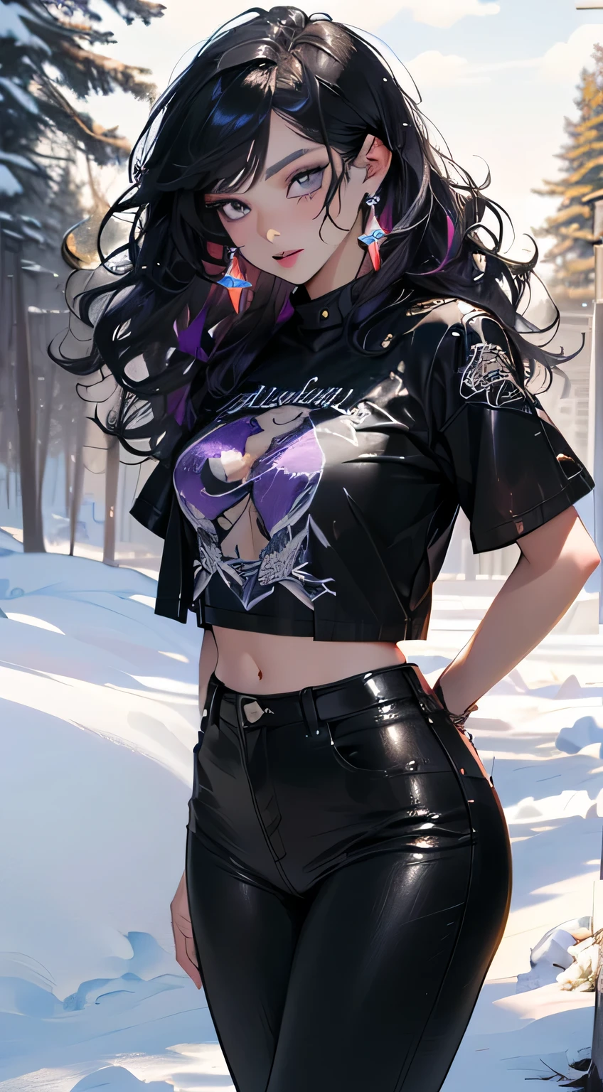 goth girl,1girl,((extremely cute and beautiful black haired anime goth girl)),(((16 years old))),(large breasts:1.2),((((black wavy hair:1.35,absurdly long unkempt hair,messy hair,colored inner hair,ear breathing)))),((heterochromia:1.5, (purple_eye and red_eye))),intricate eyes,beautiful detailed eyes,symmetrical eyes,Big eyes:1.5,((fat)),(((lustrous skin:1.5,bright skin: 1.5,skin tanned,shiny skin,very shiny skin,shiny body,plastic glitter skin,exaggerated shiny skin,illuminated skin))),(spider lower abdomen,narrow waist,wide hip,athletic body,inflated legs,detailed body,(detailed face)),
cute,slutty,seductive,erotic,(nsfw),
revealing clothing,show skin,((((printed T-shirt:1.3),black leather crop jacket:1.3))),((black leather pants,)),((underpants strap)),((underboob:1.2)),(((Black Eyeshadow,Thick Black Eyeliner,Long Dramatic Eyelashes,Black Lips,Goth Accessories,intricate makeup))),(((intricate outfit,intricate clothes,embroidered outfit,ornate outfit,embroidered clothes,ornate clothes))),
(dynamic pose:1.0),embarrassed,(centered,scale to fit dimensions,Rule of thirds),
((snowy pine forest at night)), with dark stormy clouds,winter,scenery:1.25,((snow forest background)),Christmas tree,
(Glossy winter ornaments),(top-quality,8K,32K,masterpiece),high resolution,(Photorealistic:1.4),Ray tracing,Sun glare,depth of fields,By backlight effect,Add depth to your screen,(((vibrant colors,vibrant theme))),(intricate),(high contrast,photorealistic artwork:1.37),(best quality,4k,highres,masterpiece:1.2),ultra-detailed,(realistic,photorealistic,photo-realistic:1.37),professional,