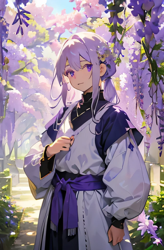 male、Soft gray hair、mauve eyes、Standing picture、beautiful face、medieval european country clothes、Two wisteria flowers on the left side of my head、There are two wisteria flowers around the waist of my clothes.、Wisteria flowers on the body