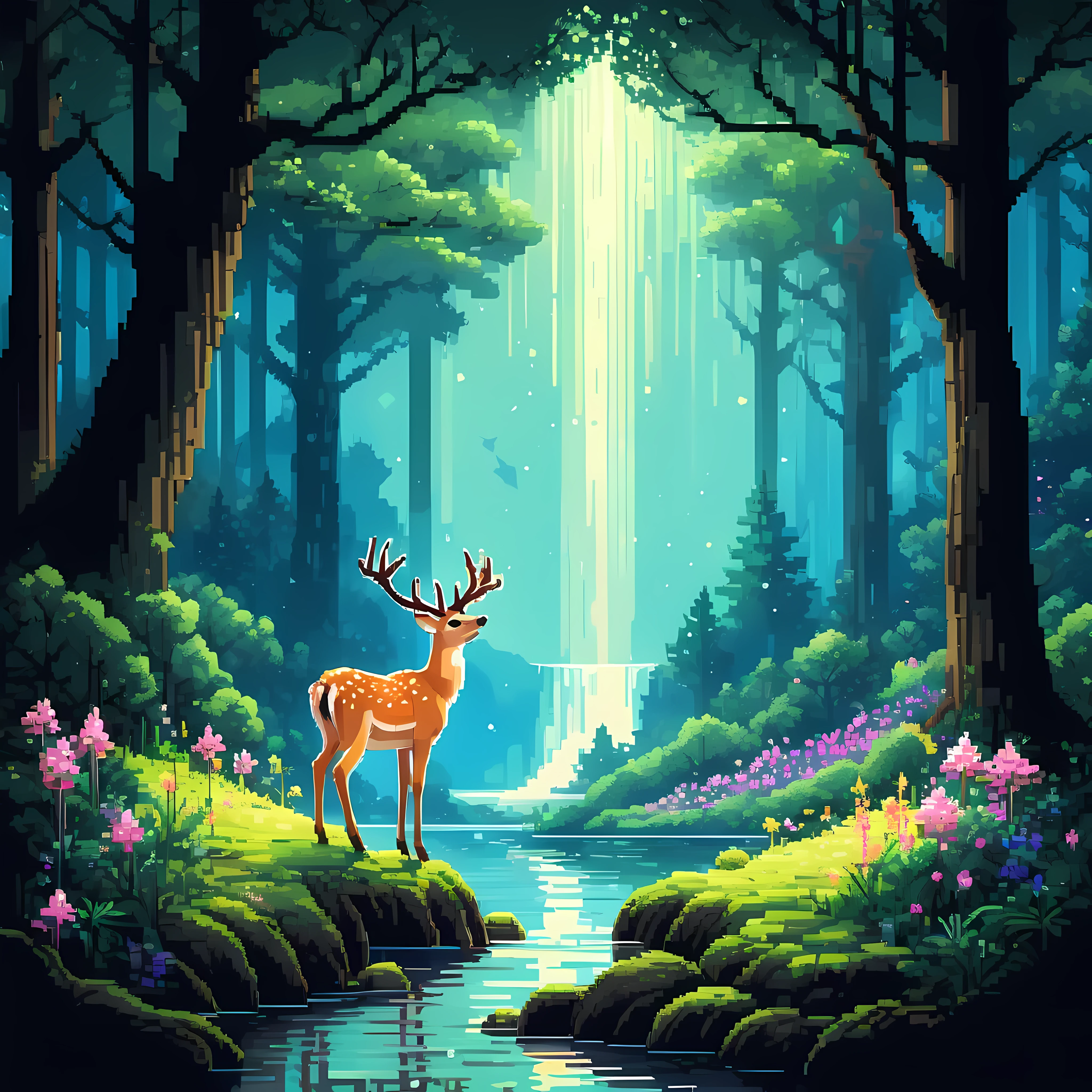 Cute pixel art illustration, masterpiece in maximum 16K resolution, superb quality, visualize a haunting twilight garden within a decrepit Victorian mansion during a sultry summer, where velvety dark roses, twisting ivy, the intricately carved gently flowing fountain, eerie bats flit through the dusky sky, adding a mysterious and gothic charm to the warm summer ambiance. | ((More_Detail))