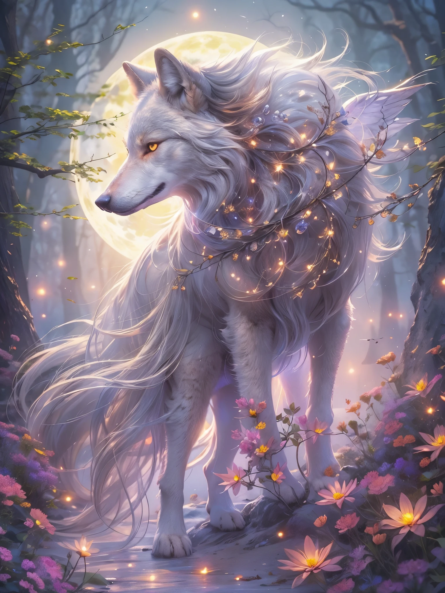 wolf. The celestial being continues to glide through the forest, their silver robes shimmering and rectifying the soft moonlight with each step. The delicate fabric catches on the branches and leaves, leaving behind a trail of silver light. Their long, flowing hair streams behind them, catching the moonbeams and casting a gentle, ethereal glow.

The forest is alive with the scent of damp earth and the sweet fragrance of flowers. The air is cool and crisp, and each breath feels revitalizing. The celestial being's form is lit with a soft, ethereal glow, accentuating their regal features and their magnificent wings.

As they fly higher