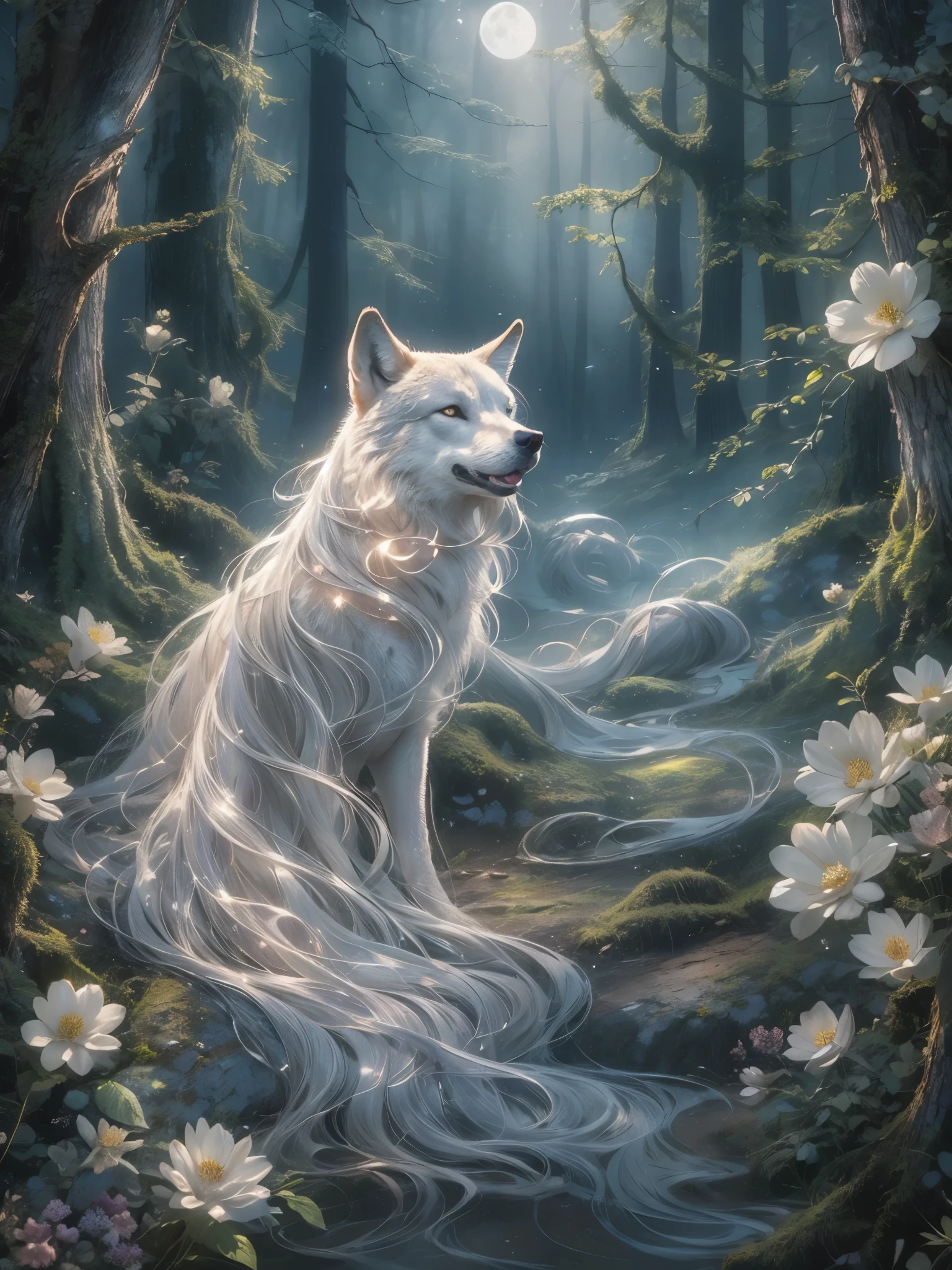 wolf. The celestial being continues to glide through the forest, their silver robes shimmering and rectifying the soft moonlight with each step. The delicate fabric catches on the branches and leaves, leaving behind a trail of silver light. Their long, flowing hair streams behind them, catching the moonbeams and casting a gentle, ethereal glow.

The forest is alive with the scent of damp earth and the sweet fragrance of flowers. The air is cool and crisp, and each breath feels revitalizing. The celestial being's form is lit with a soft, ethereal glow, accentuating their regal features and their magnificent wings.

As they fly higher