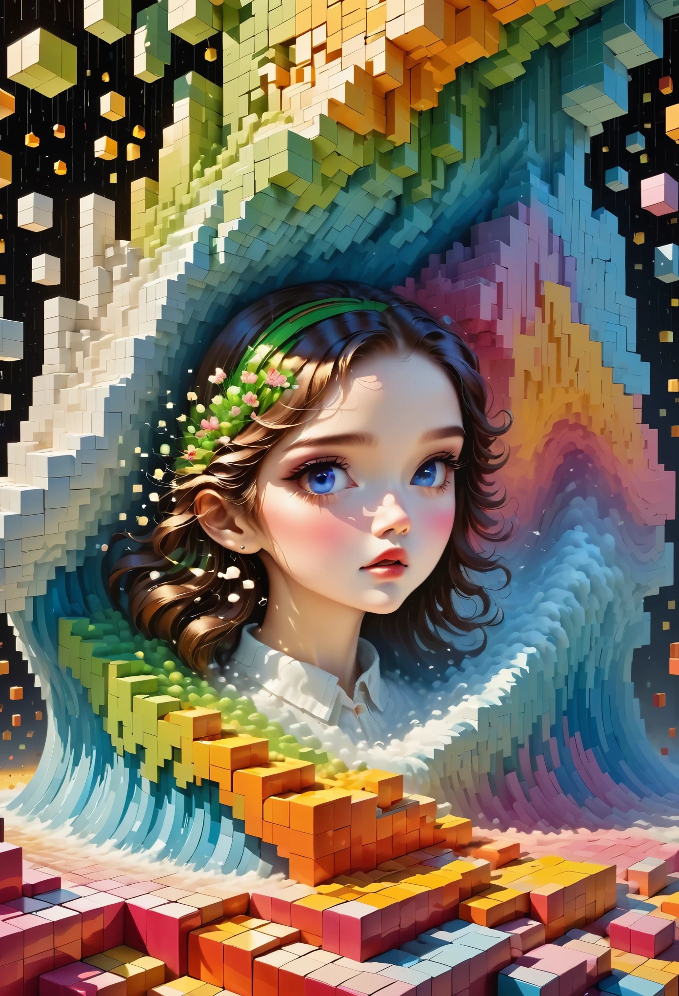 pixel art：1.37，perspective，projection，stack，layered，radioactivity，Fragmentation，lumpy，strength，break out，Fall，Rhythm，building blocks，Inception，chiaroscuro，3D three-dimensional mosaic puzzle，Spliced into a beautiful girl，Shocked，grand scene