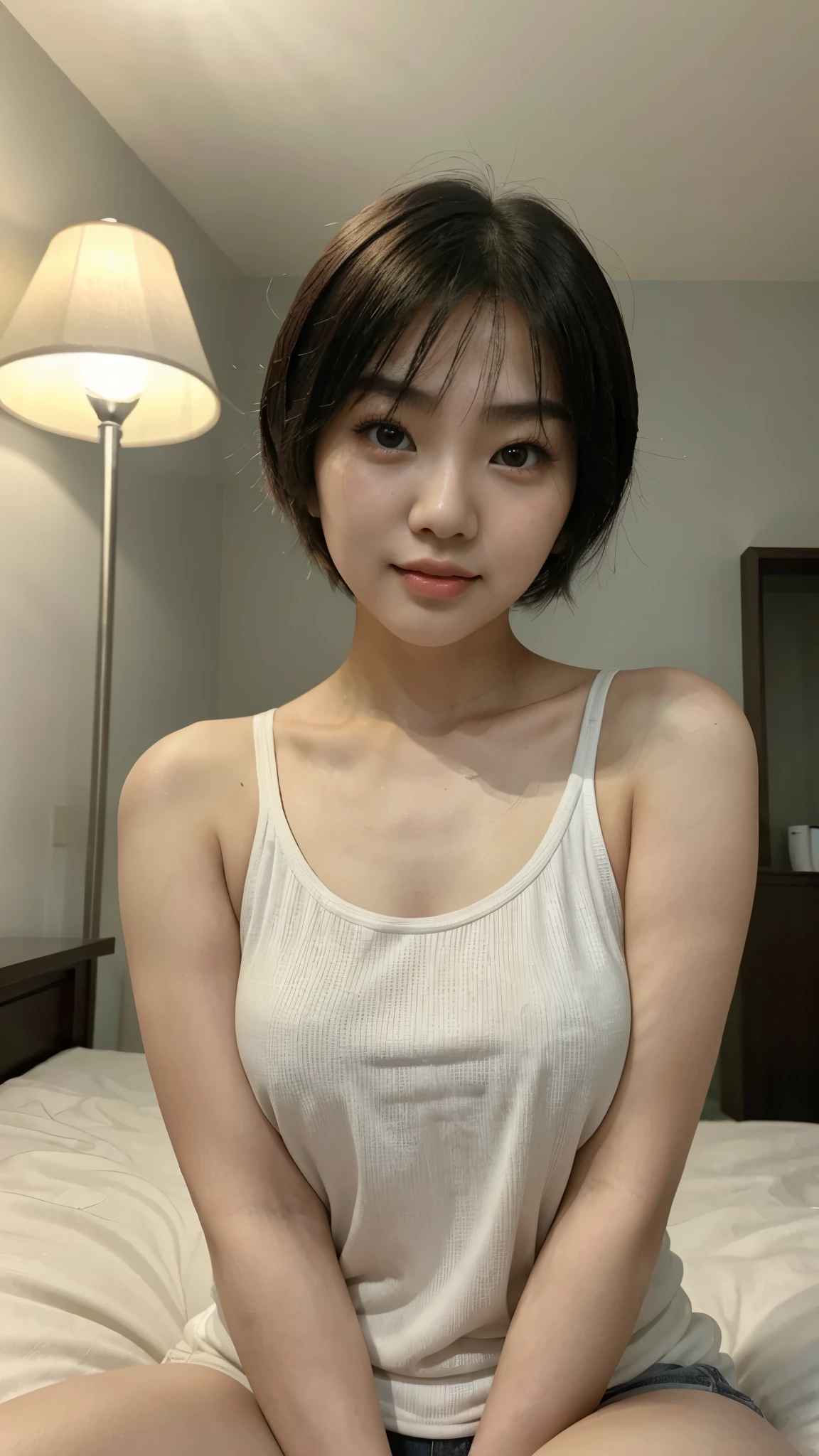 Chinese girl (17 ylfies, inside a room, night time ((best quality)), ((masterpiece)), (detailed), perfect face, ((white bed with gray walls, lamp turn off))((short hair, chubby face, asian, Chinese girl)) close up selfie, Close-up of a woman in a white tank top posing for a photo, chinese girl, gorgeous young Chinese woman, beautiful Chinese woman, beautiful young chinese woman, Cute girl - well-groomed face, young adorable korean face, face of young cute asian girl, Nam Jae Young, That's a cute Chinese face, nice delicate face, Ulzzang, cute - well-groomed - face, smiles, squint eyes , tongue out, long tongue, saliva on the tongue