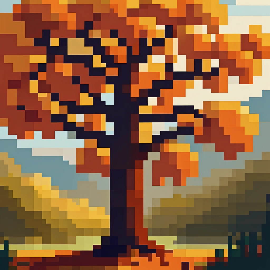 Pixel Art, pixel art maple tree, cubist painting, Neo-Cubism, layered overlapping geometry, art deco painting, Dribbble, geometric fauvism, layered geometric vector art, maximalism; V-Ray, Unreal Engine 5, angular oil painting, DeviantArt