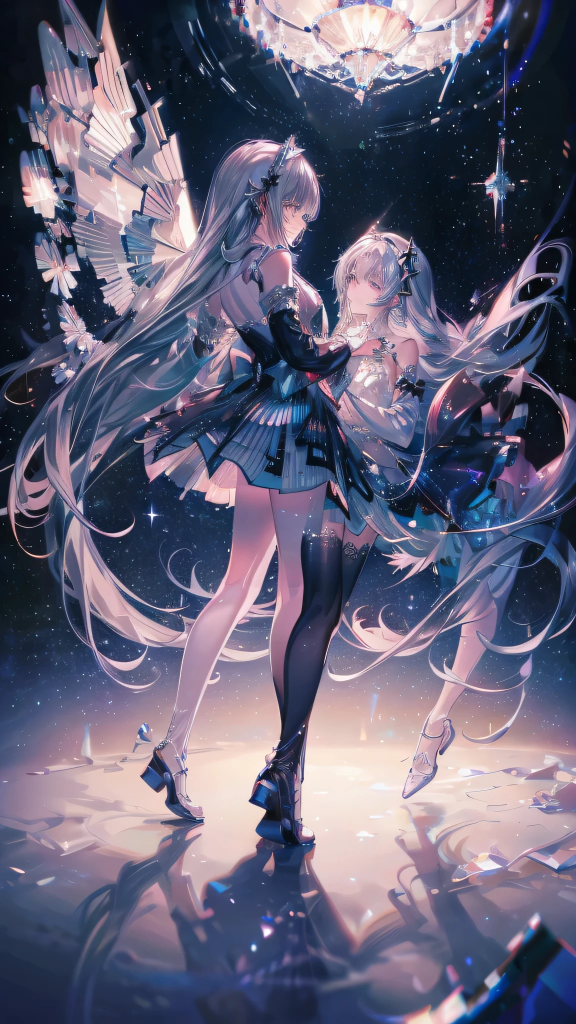 masterpiece,super high quality,holy,Fair,Romantic,I can't imagine how Fair this is,two girls,stand,Black and white lace skirt,starlight,silver,Stellar debris,shining star,Sense of collapse,light and shadow,aesthetic,dreamlike scene,world