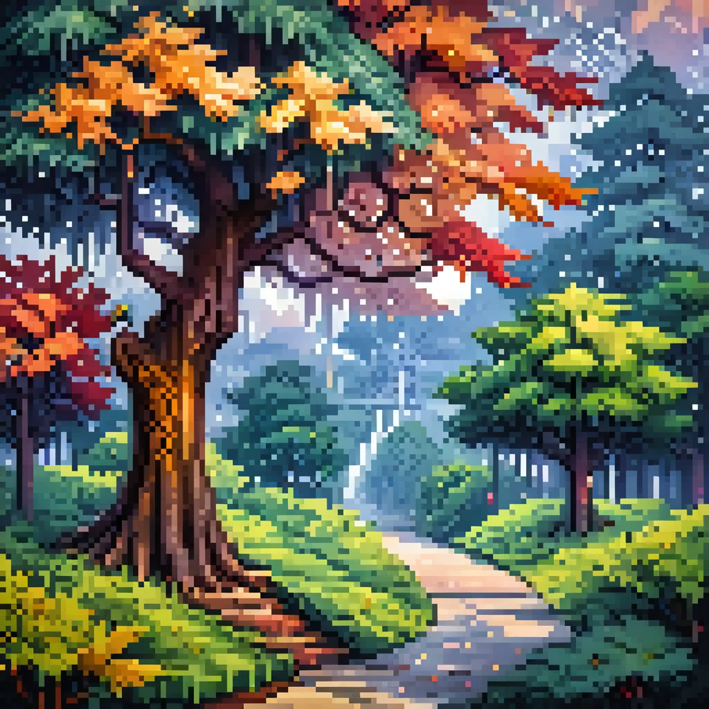 Pixel Art, pixel art maple tree, cubist painting, Neo-Cubism, layered overlapping geometry, art deco painting, Dribbble, geometric fauvism, layered geometric vector art, maximalism; V-Ray, Unreal Engine 5, angular oil painting, DeviantArt