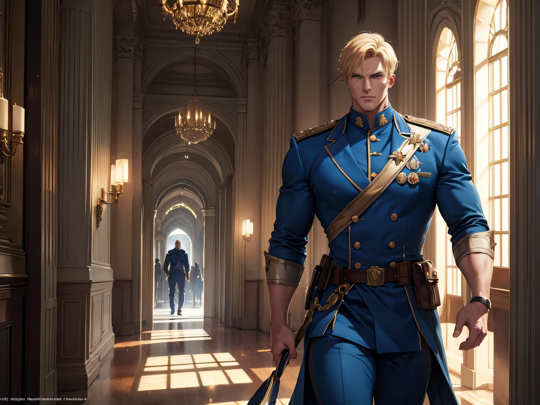super fine illustration, Ultra high resolution, obra de arte, Mais alta qualidade, Perfect Lighting, Specific Lighting, dramatic shadow, rastreamento de raio, Um homem alto, loiro, muscular arms, Corpo musculoso, villainous expression, olhos azuis, Queixo quadrado, ((short hair combed back, fixado com gel))Traje militar azul claro, overall classification, walking through a sumptuous corridor of a royal palace, upset expression, morning light, arte estilo league of legend