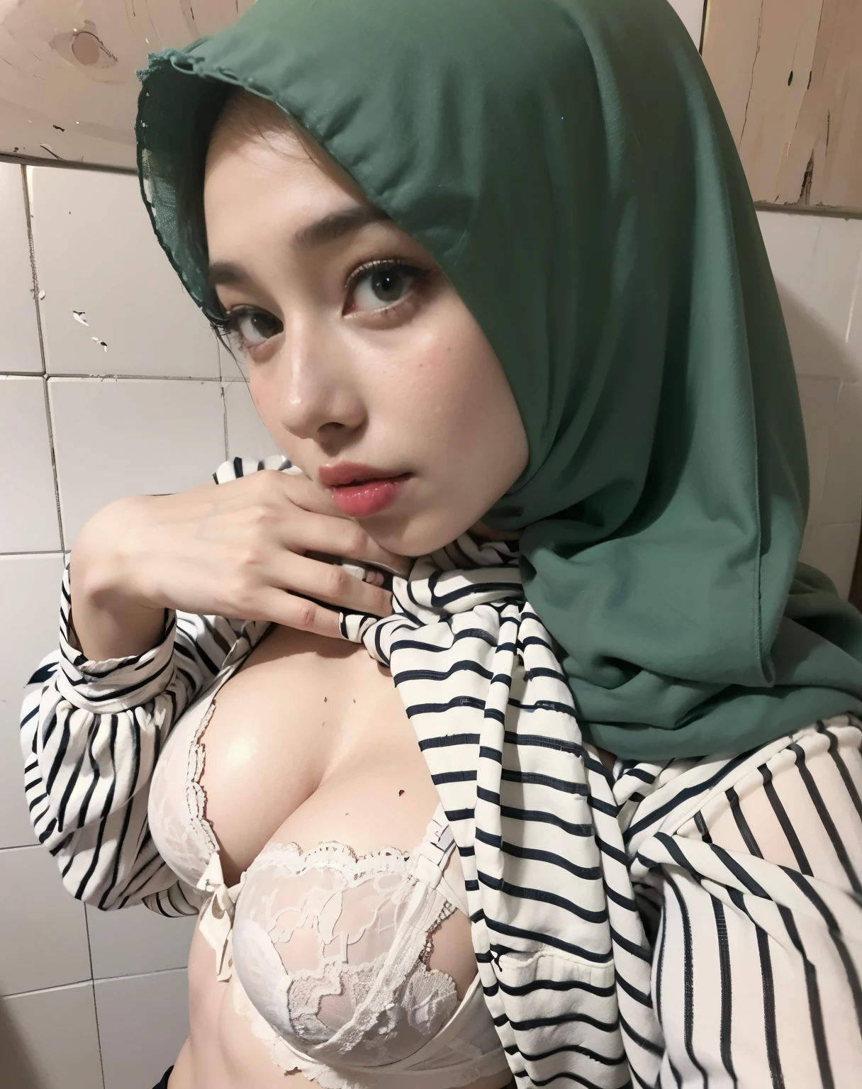 arafed woman in a green scarf and striped shirt posing for a picture, sie boob, wearing bra, hijab, malaysian, with beautiful exotic, 1 8 yo, pale-skinned persian girl, ayahausca, unreal ungine 5, lovely woman, gorgeous lady, busty, very attractive, serena malyon, white hijab, hana alisa omer